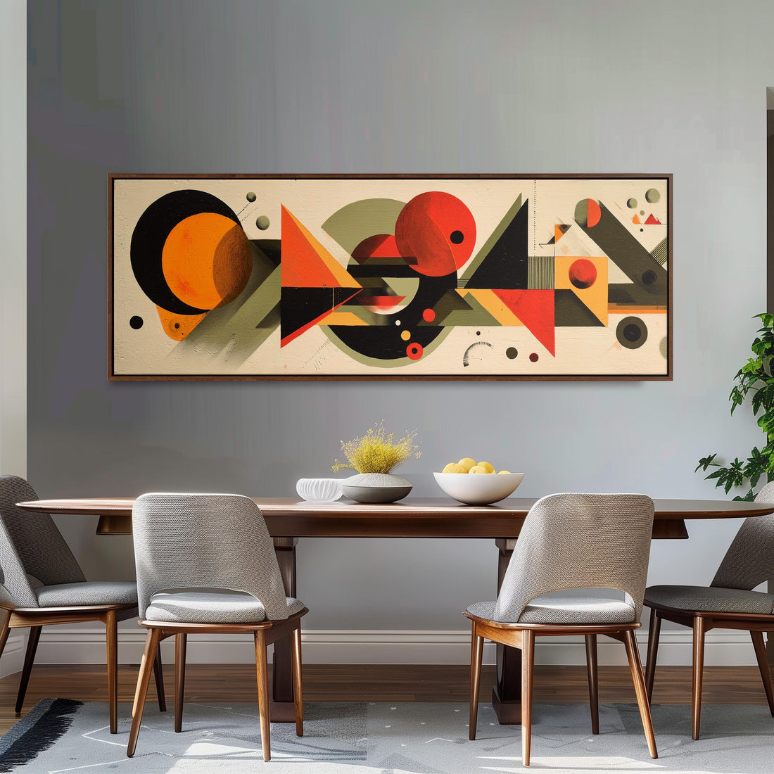 a large abstract painting hanging on a wall above a white couch with gray and white plaid throw pillows.