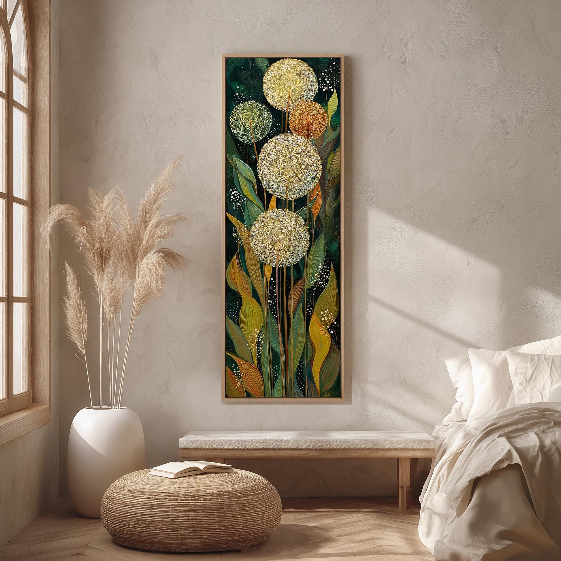 a large, colorful painting of flowers hanging on a wall in a room with a bed, a window, and a woven ottoman.