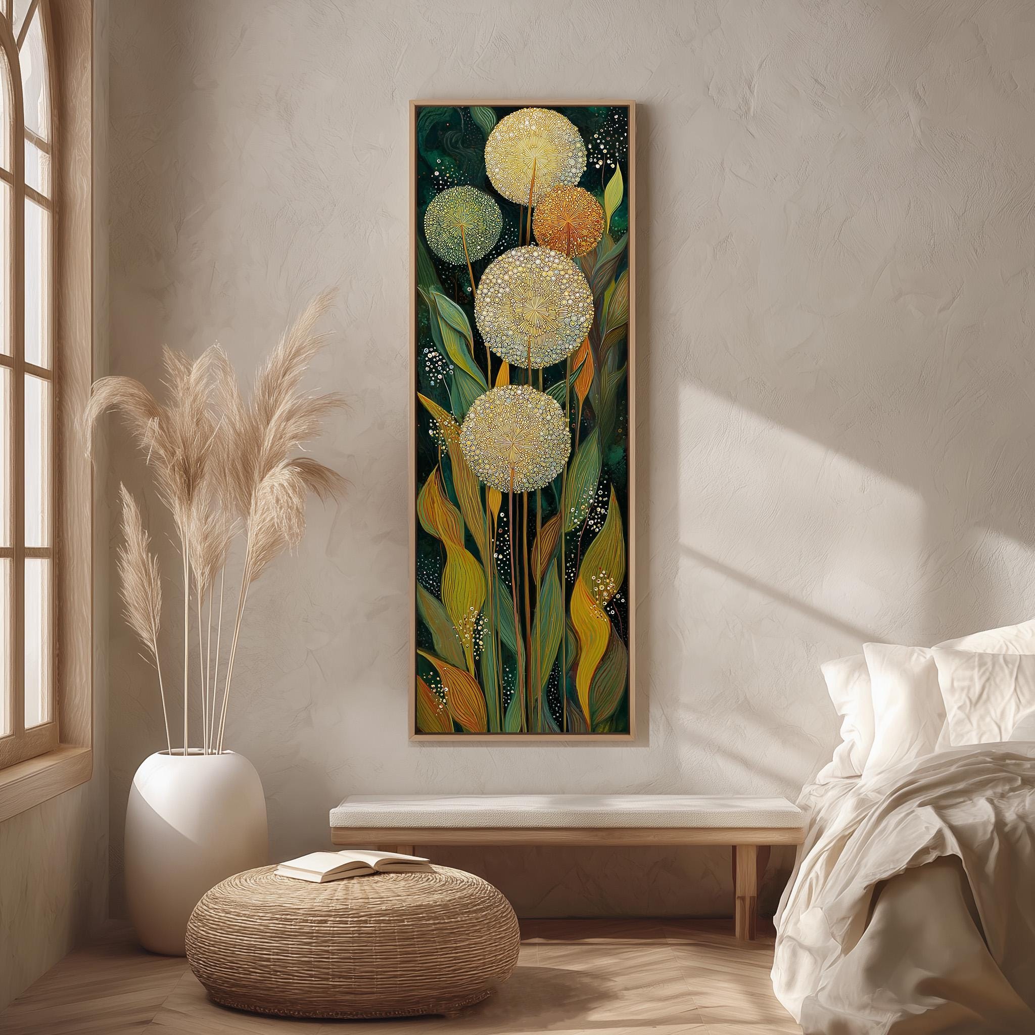 a large, colorful painting of flowers hanging on a wall in a room with a bed, a window, and a woven ottoman.