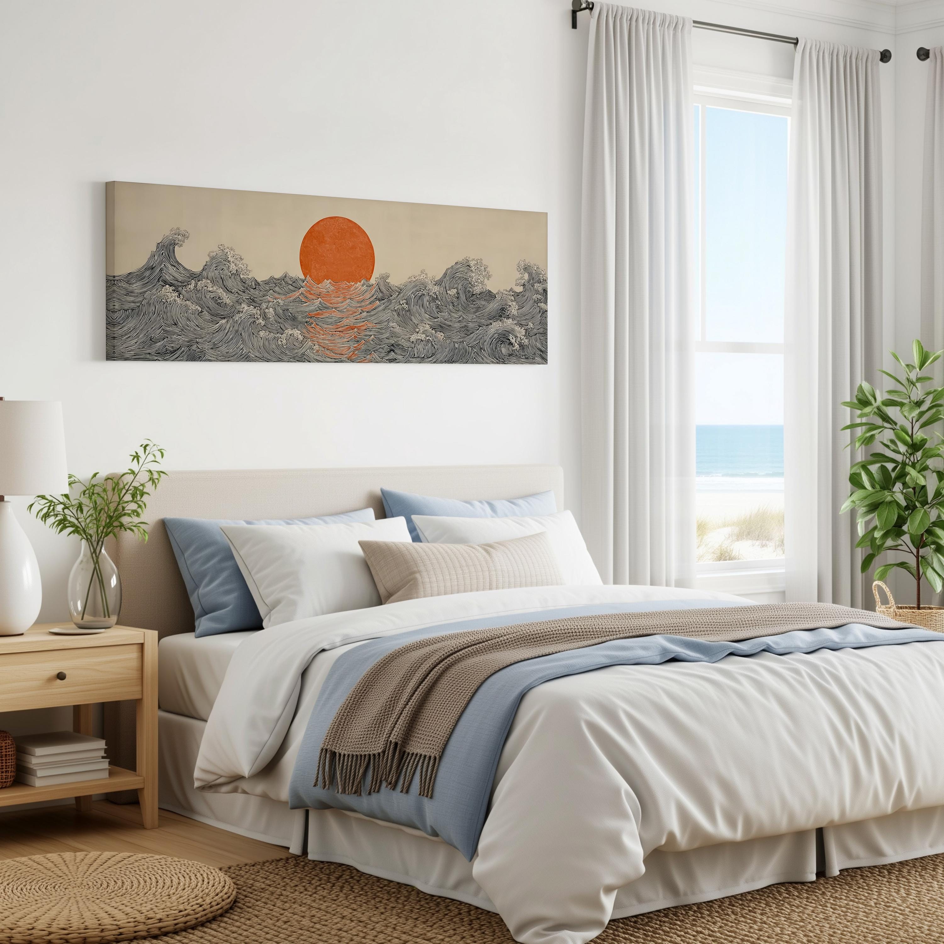 a serene bedroom with a large bed, a nightstand, and a painting of a sunset on the wall.