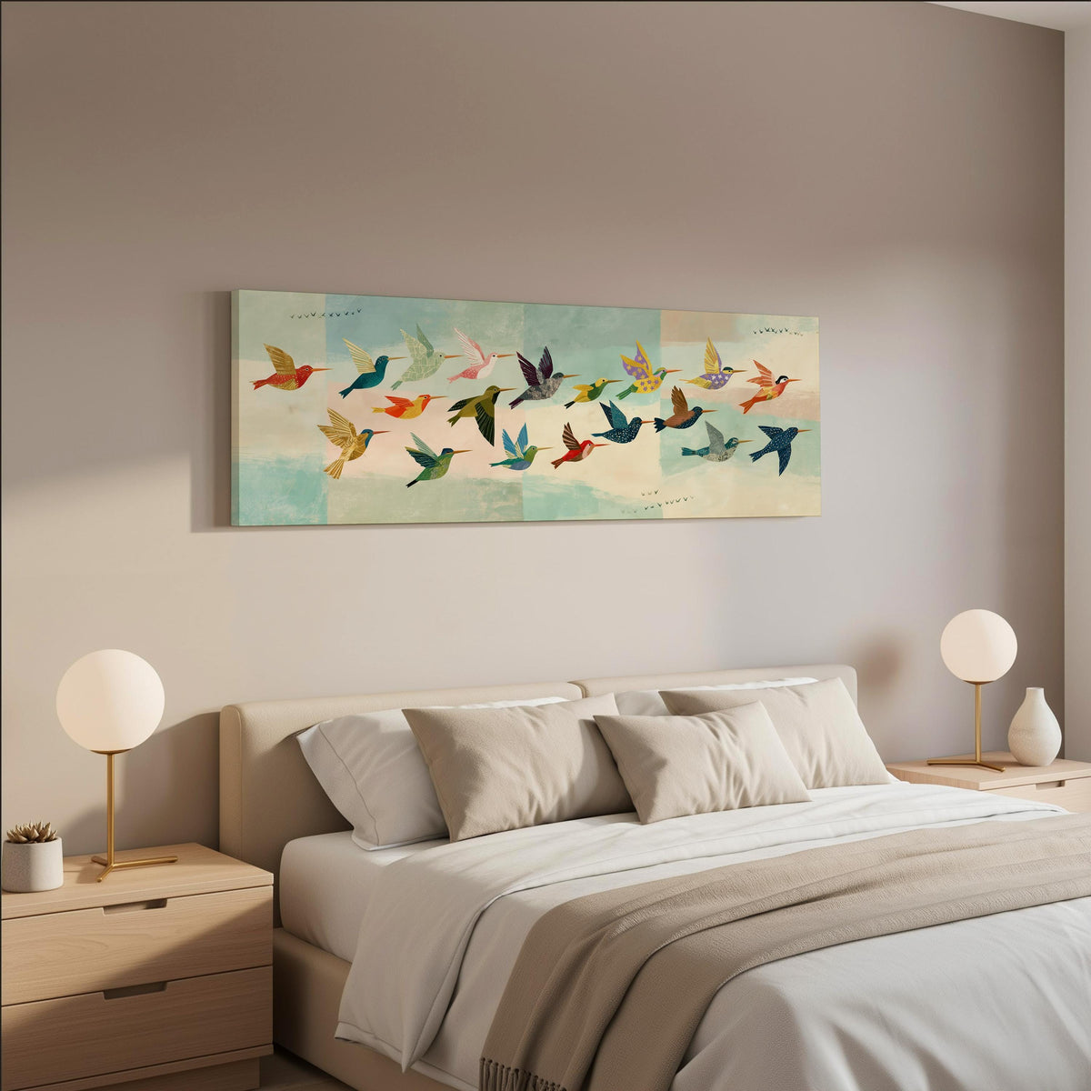Flock of colorful hummingbirds wide panoramic canvas print above a bed in a neutral bedroom