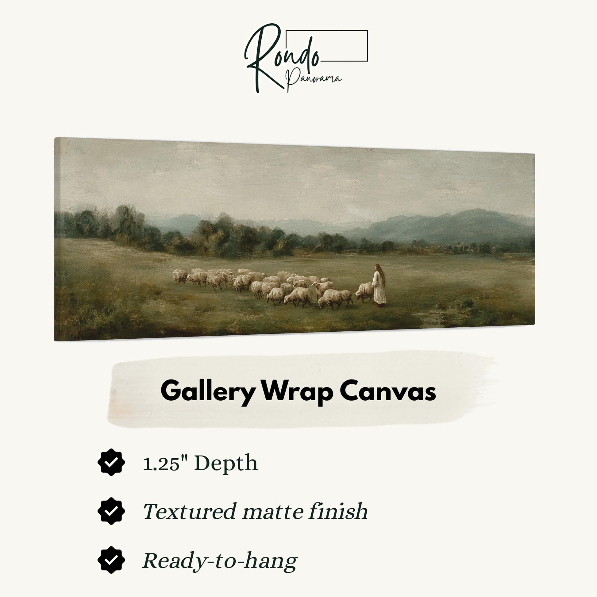 The image is a painting of a pastoral scene with a shepherd tending to his flock of sheep in a grassy field.