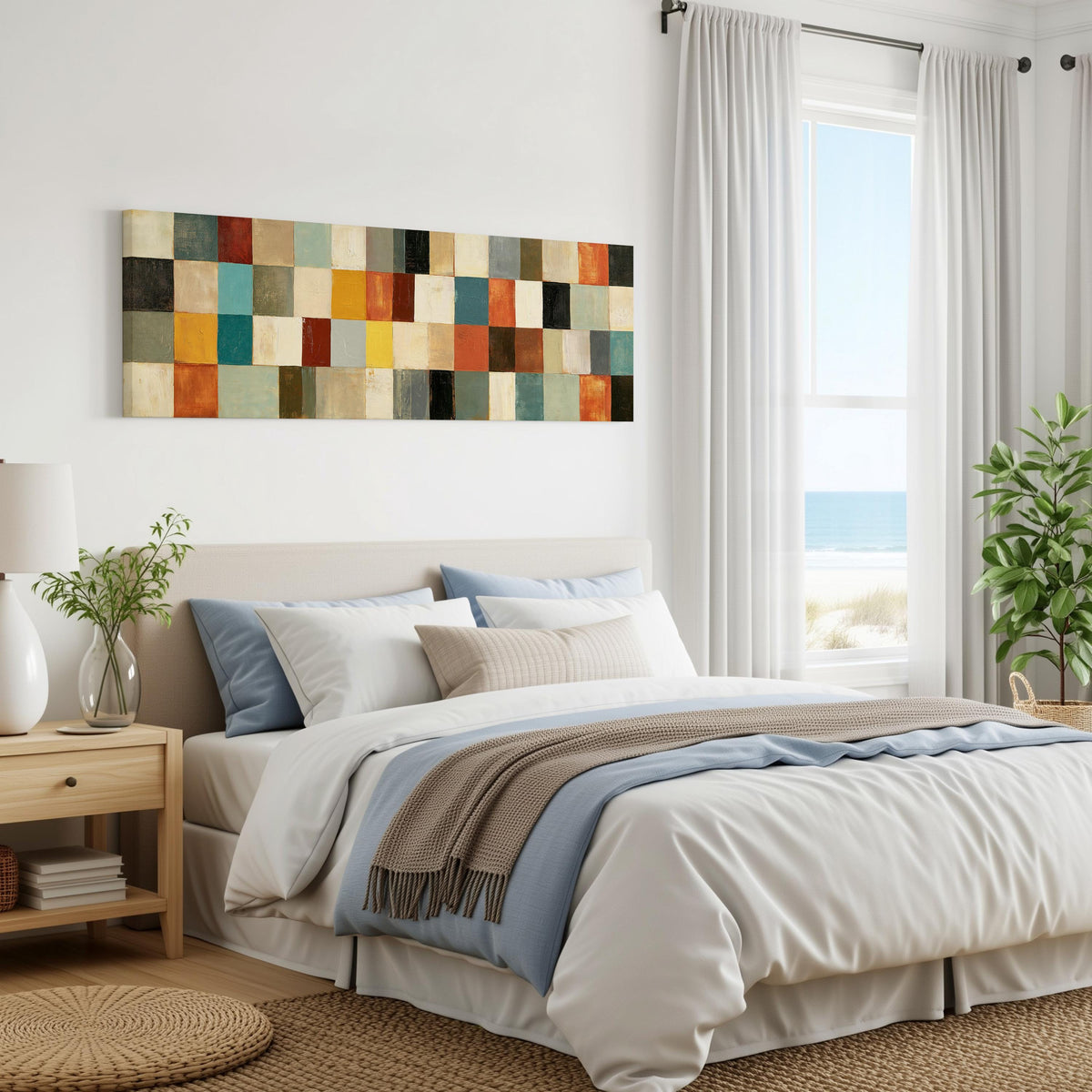 Colorful checkerboard mosaic grid panoramic canvas print above a bed in a coastal bedroom
