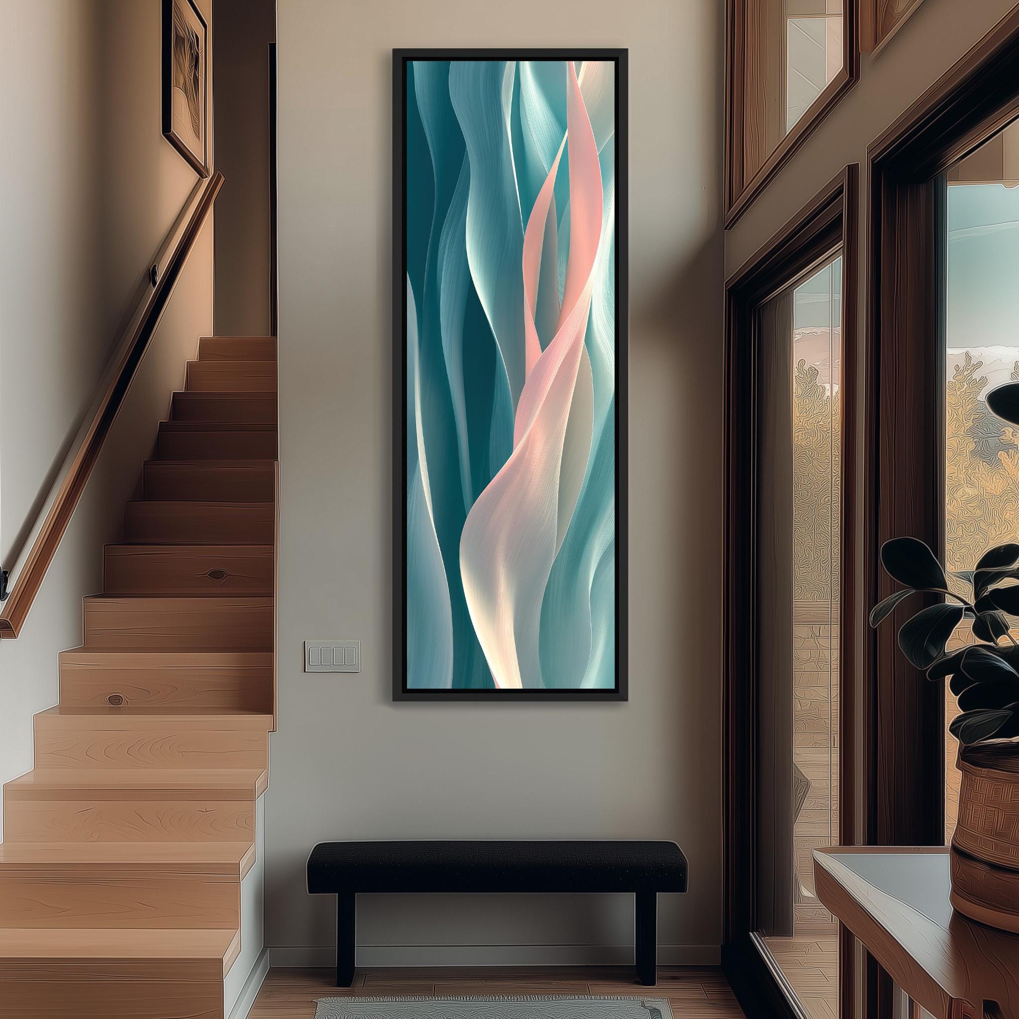 a modern and minimalist interior design with a large abstract painting hanging on the wall above a black bench. The painting has a vibrant color palette of blue, pink, and white, creating a visually striking focal point in the space.