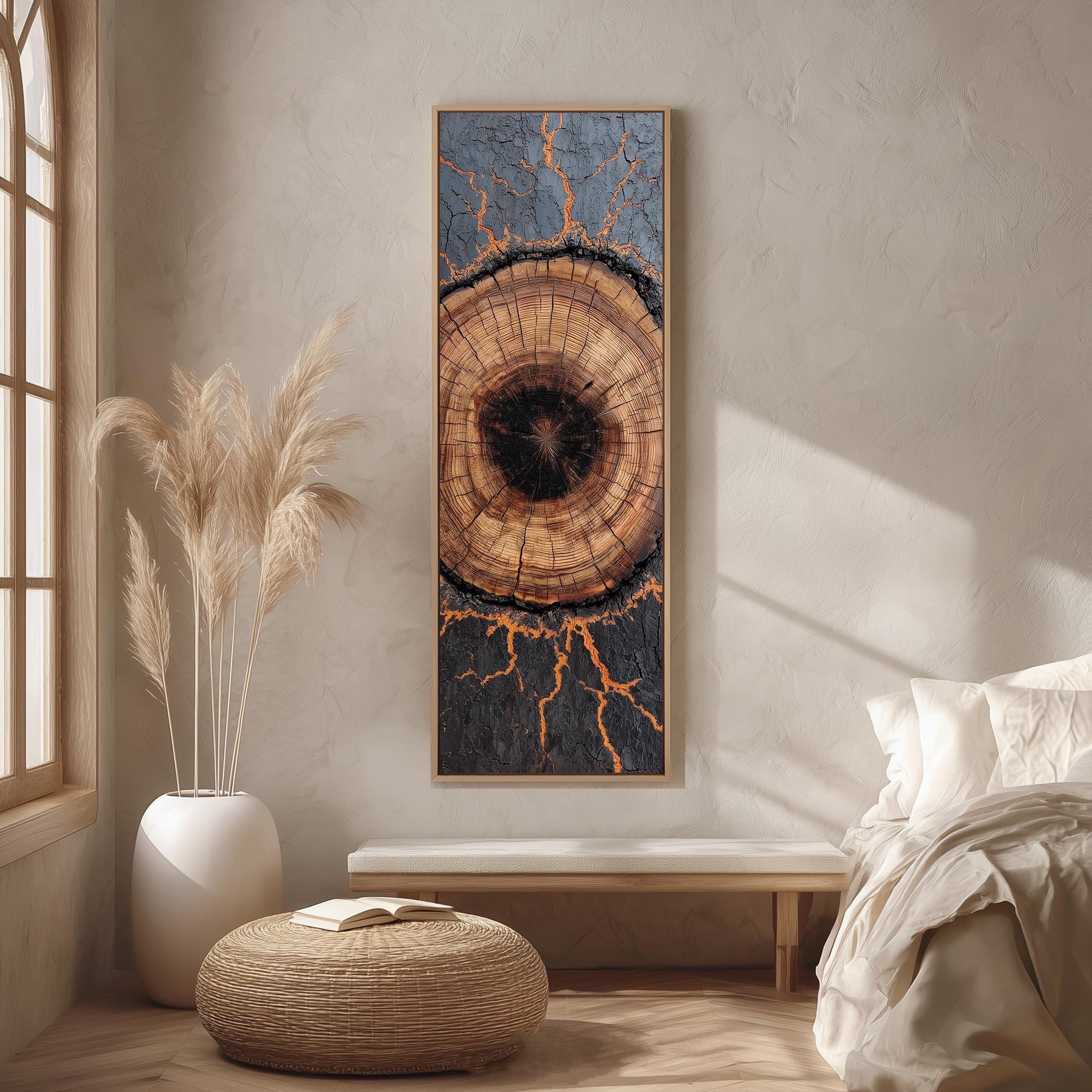 a large, abstract painting of a tree trunk with a striking contrast of orange and black, hanging on a wall in a minimalist bedroom setting.