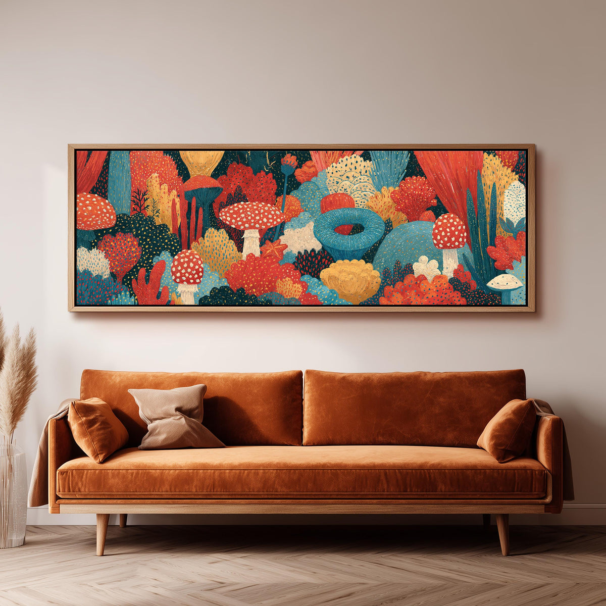 Mushroom and flower garden on teal long horizontal canvas print above a sofa in a living room