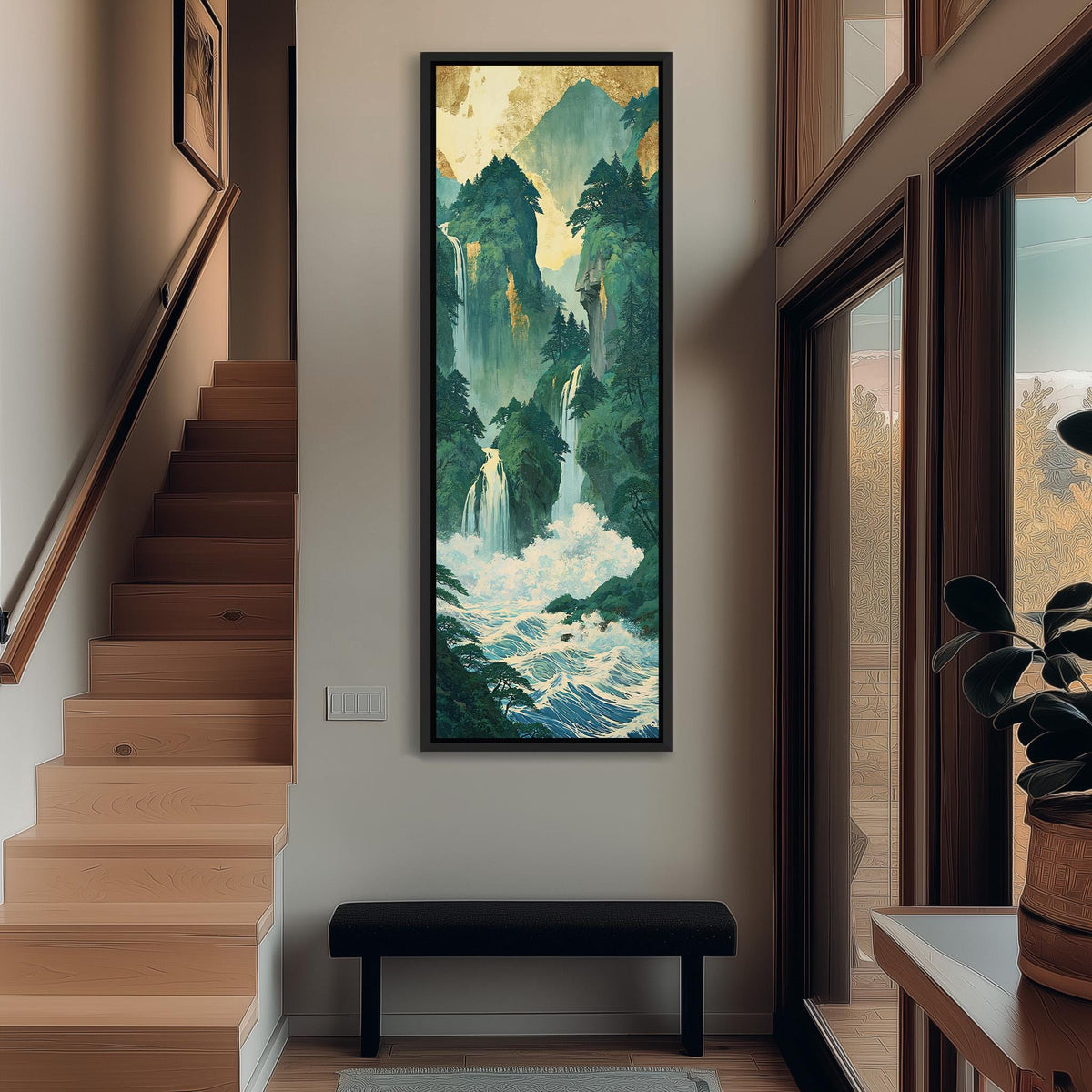 Emerald waterfall gorge tall narrow canvas print beside a staircase in an entryway