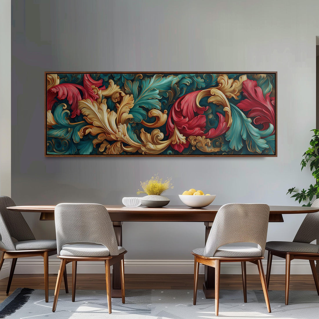 a dining room with a large, ornate painting hanging on the wall above a wooden dining table with four chairs. The table is set with a bowl of fruit and a vase of flowers, creating a welcoming and elegant atmosphere.