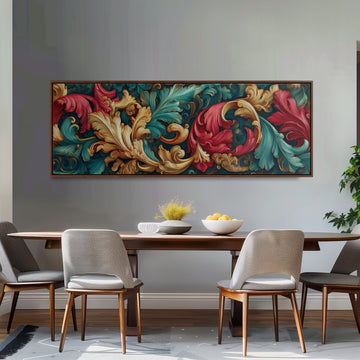a dining room with a large, ornate painting hanging on the wall above a wooden dining table with four chairs. The table is set with a bowl of fruit and a vase of flowers, creating a welcoming and elegant atmosphere.