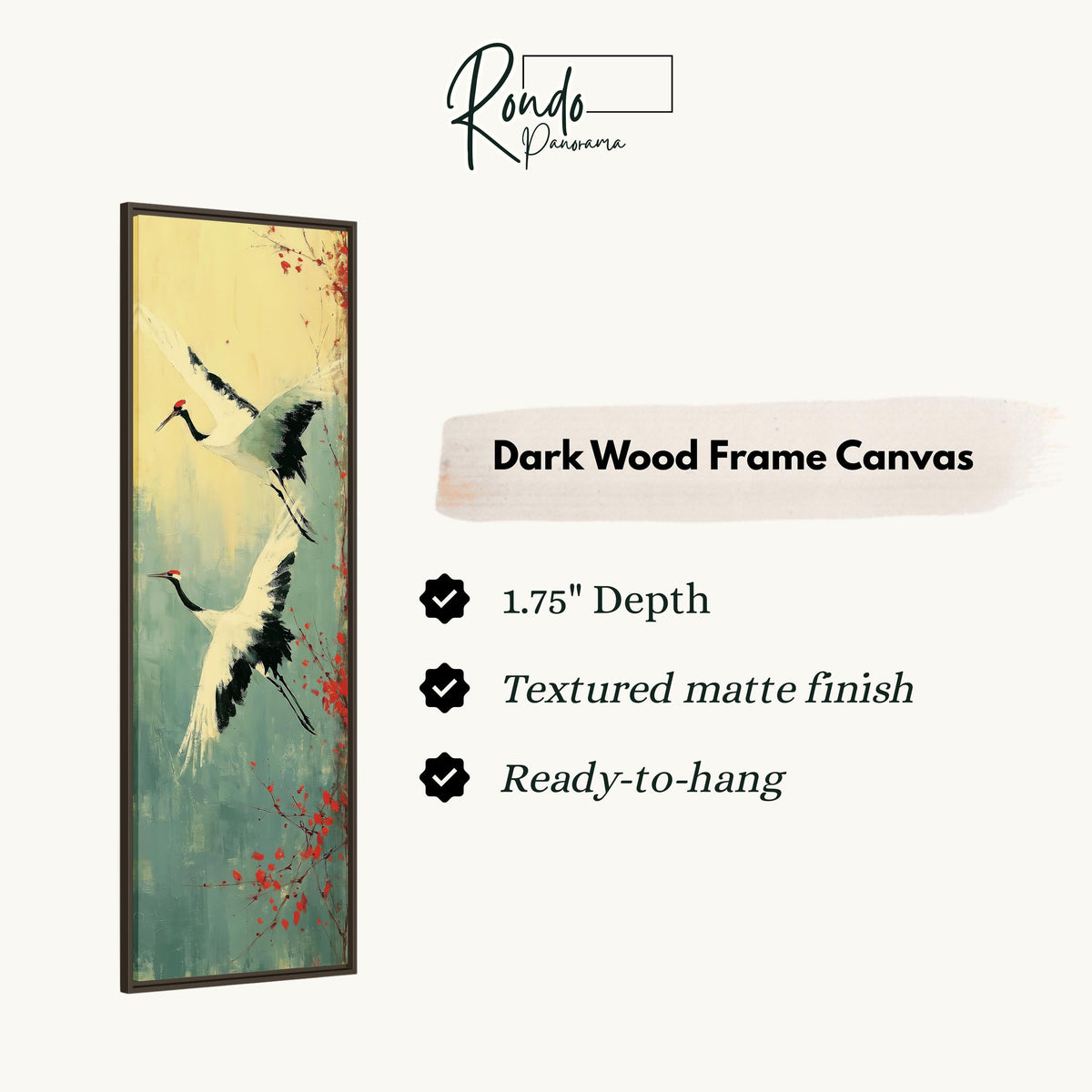 Pair of red-crowned cranes in flight canvas print in a dark wood floating frame