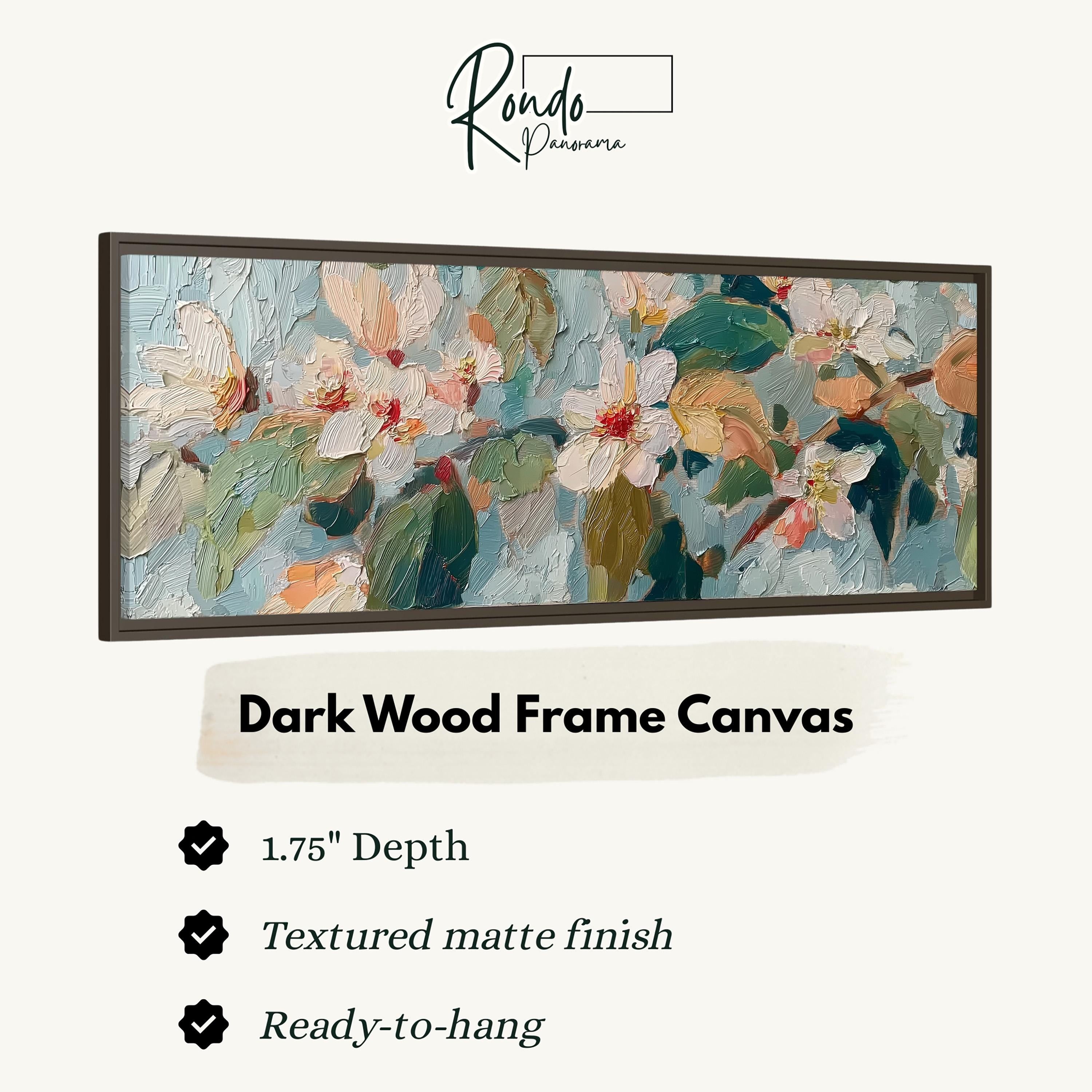 The image is a framed artwork depicting a painting of flowers in a dark wood frame.