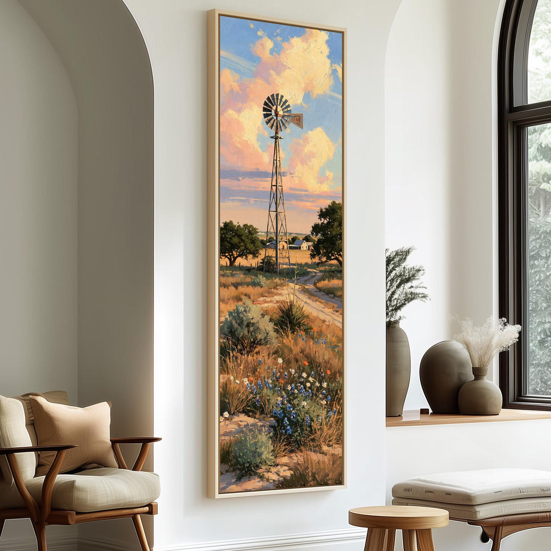 Ranch windmill above bluebonnets at sunset long vertical canvas print in a sunlit living space