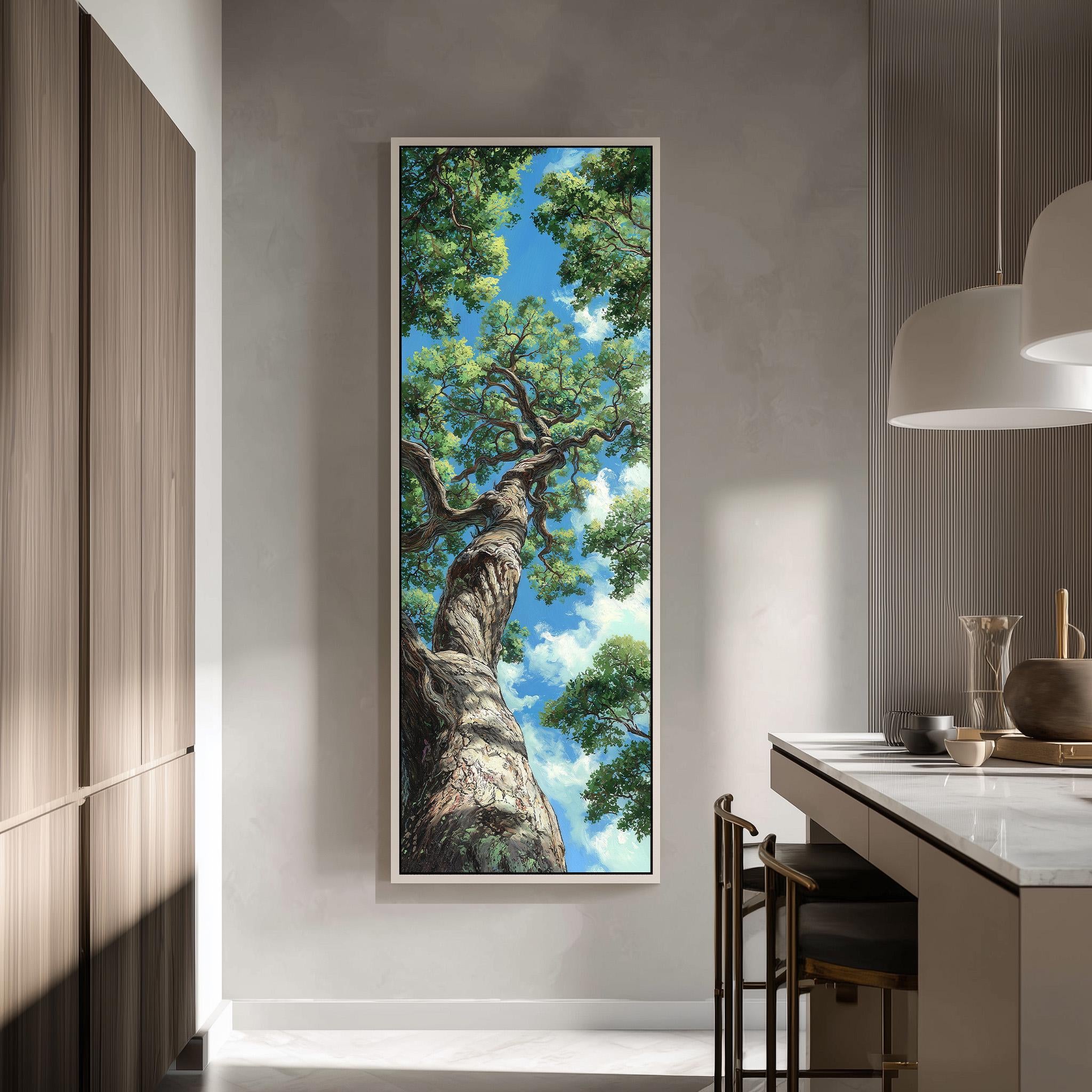 a large painting of a tree with a blue sky and clouds in the background, hanging on a wall in a modern kitchen.