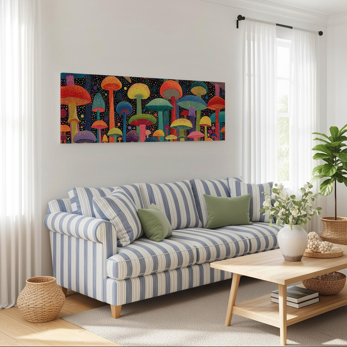 Colorful dotted mushrooms at midnight long horizontal canvas print above a striped sofa in a coastal living room