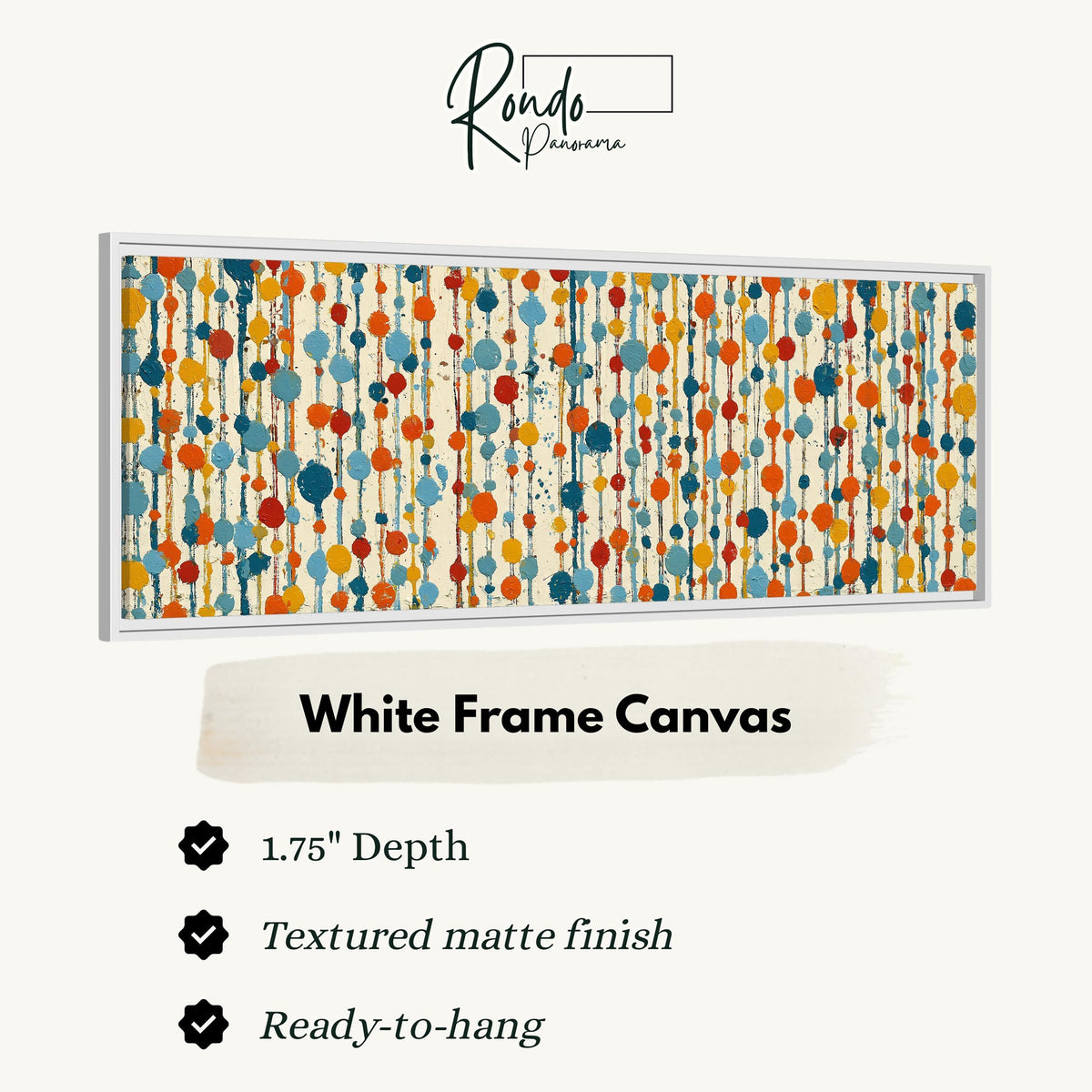 Strings of colorful polka dot blooms canvas print in a white floating frame