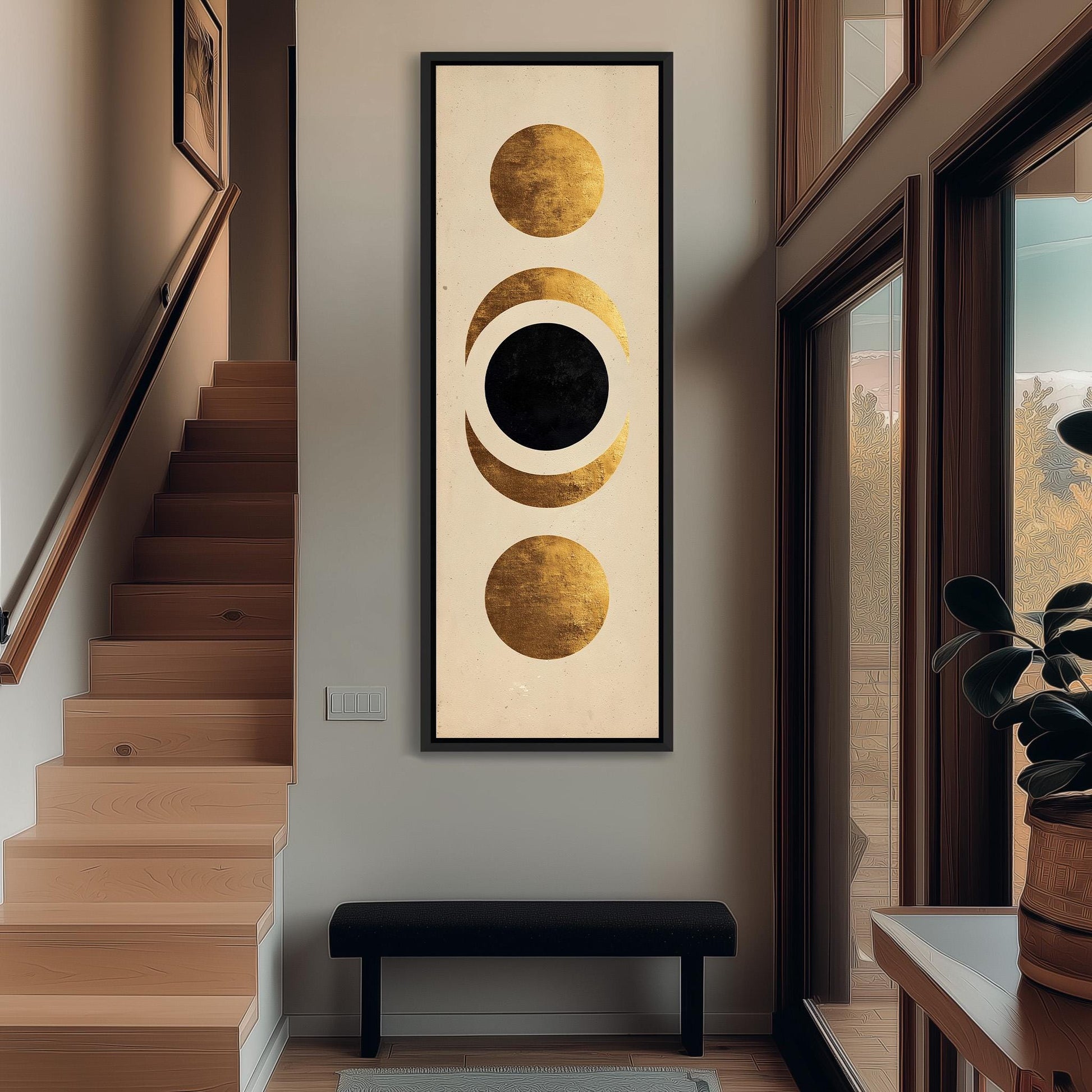 a modern and minimalist interior design with a large abstract artwork hanging on the wall. The artwork consists of three circles, each with a different color and size, creating a striking visual effect. The room is well-lit, with natural light coming in through the windows, and there is a bench in the foreground.
