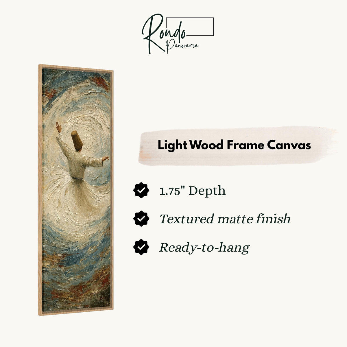 Whirling dervish canvas print in a light wood floating frame