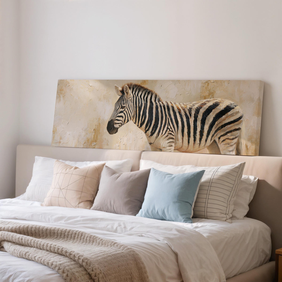 Zebra on a sandy textured background wide panoramic canvas print above a bed in a bedroom