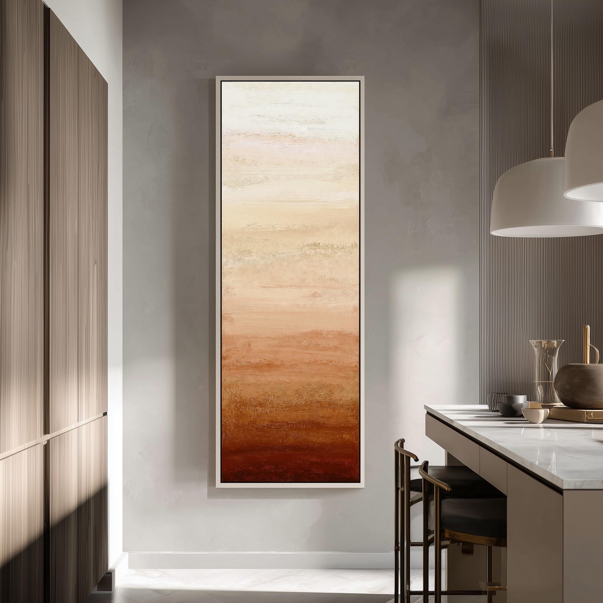 a modern kitchen with a large, abstract painting hanging on the wall above a counter. The painting has a warm, gradient color scheme that complements the overall design of the space.