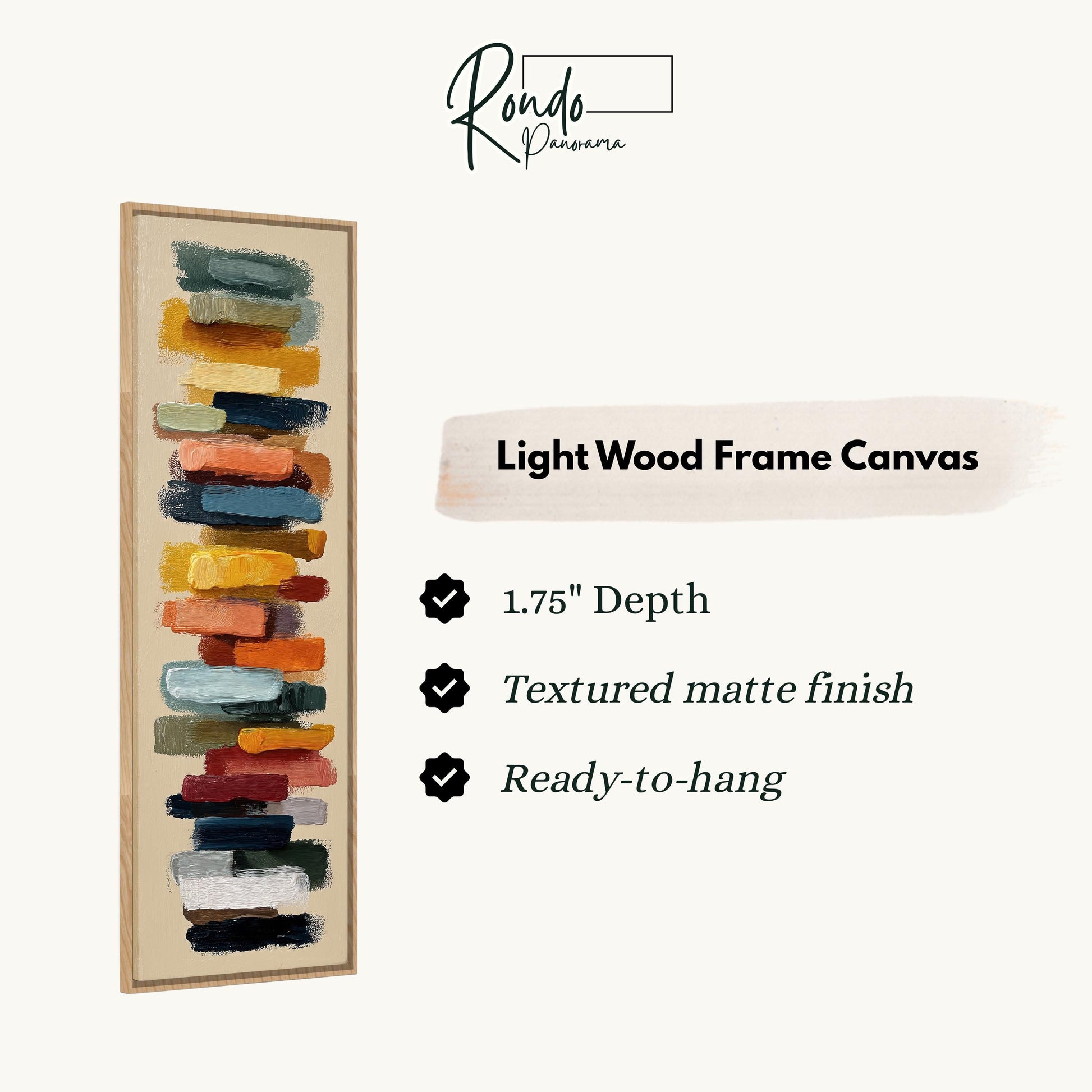The image is a product advertisement for a light wood frame canvas. It features a vertical stack of colorful blocks, with a description of the product's features and benefits.