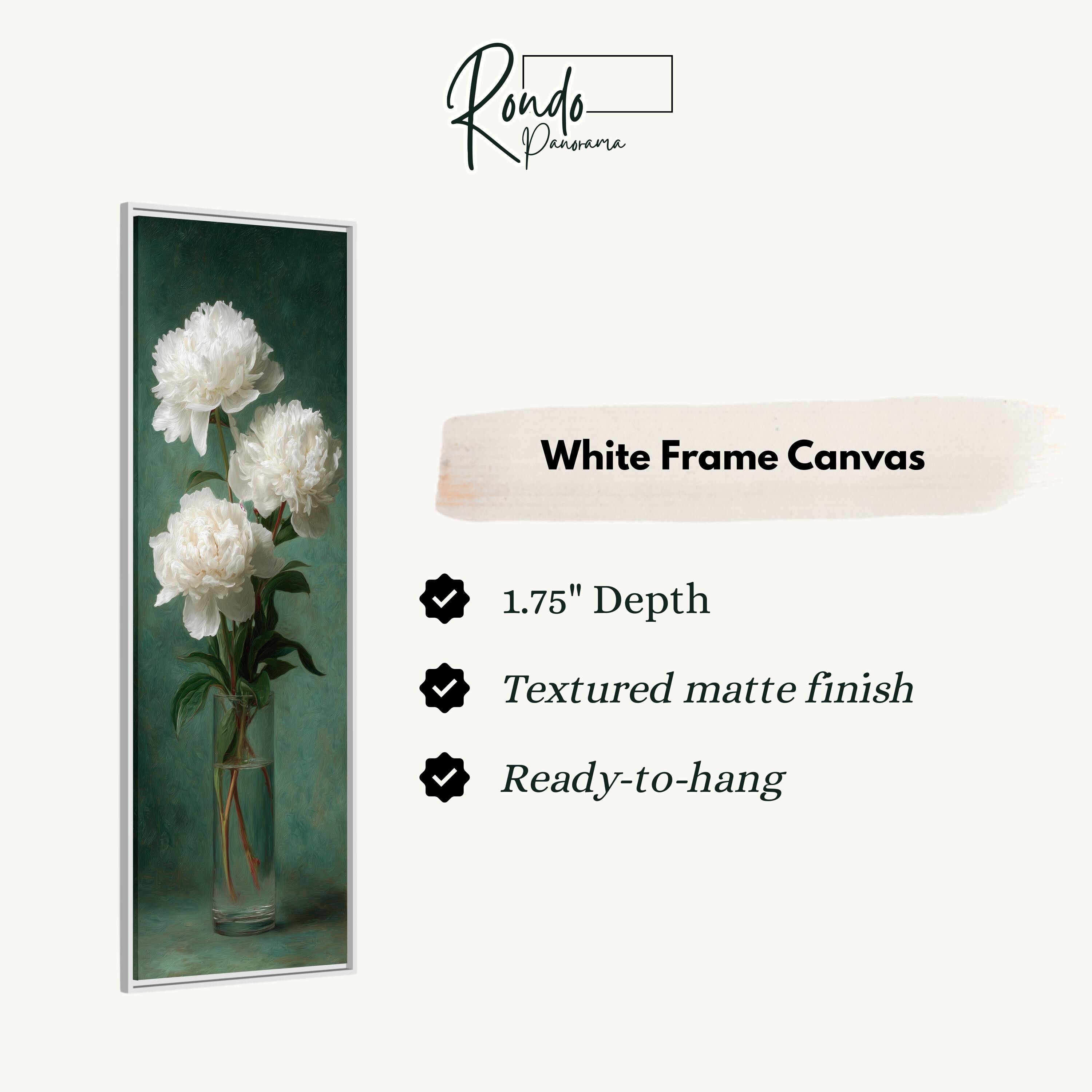 a white frame canvas with a painting of white peonies in a vase.