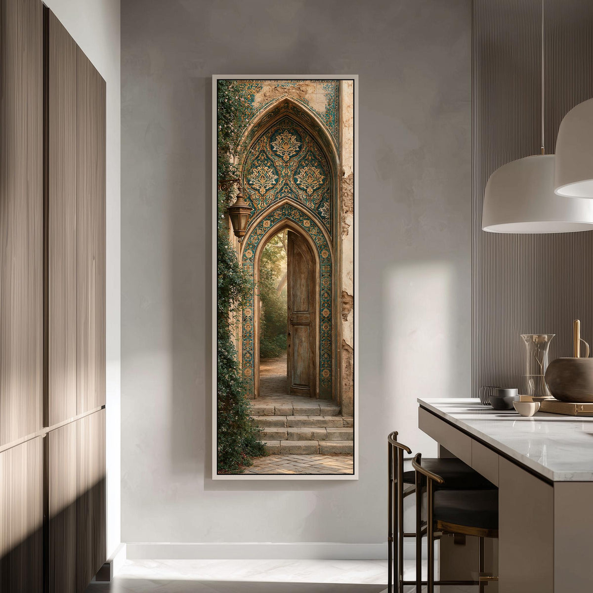 Ornate tiled arch doorway tall skinny canvas print in a modern kitchen