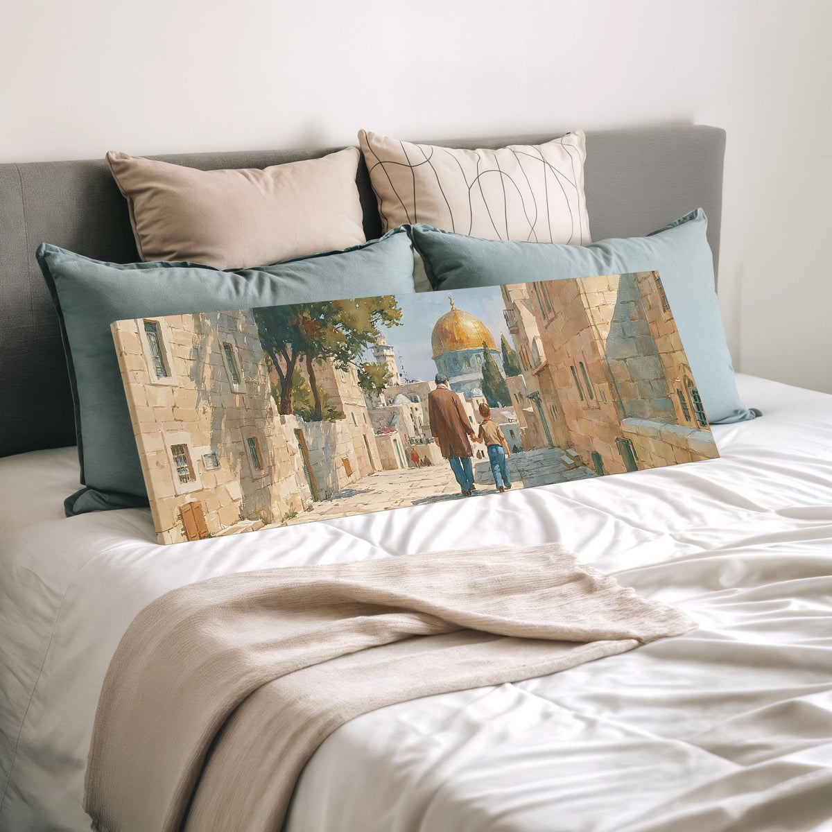 Jerusalem old city street with the golden dome wide panoramic canvas print laid on a bed to show its size