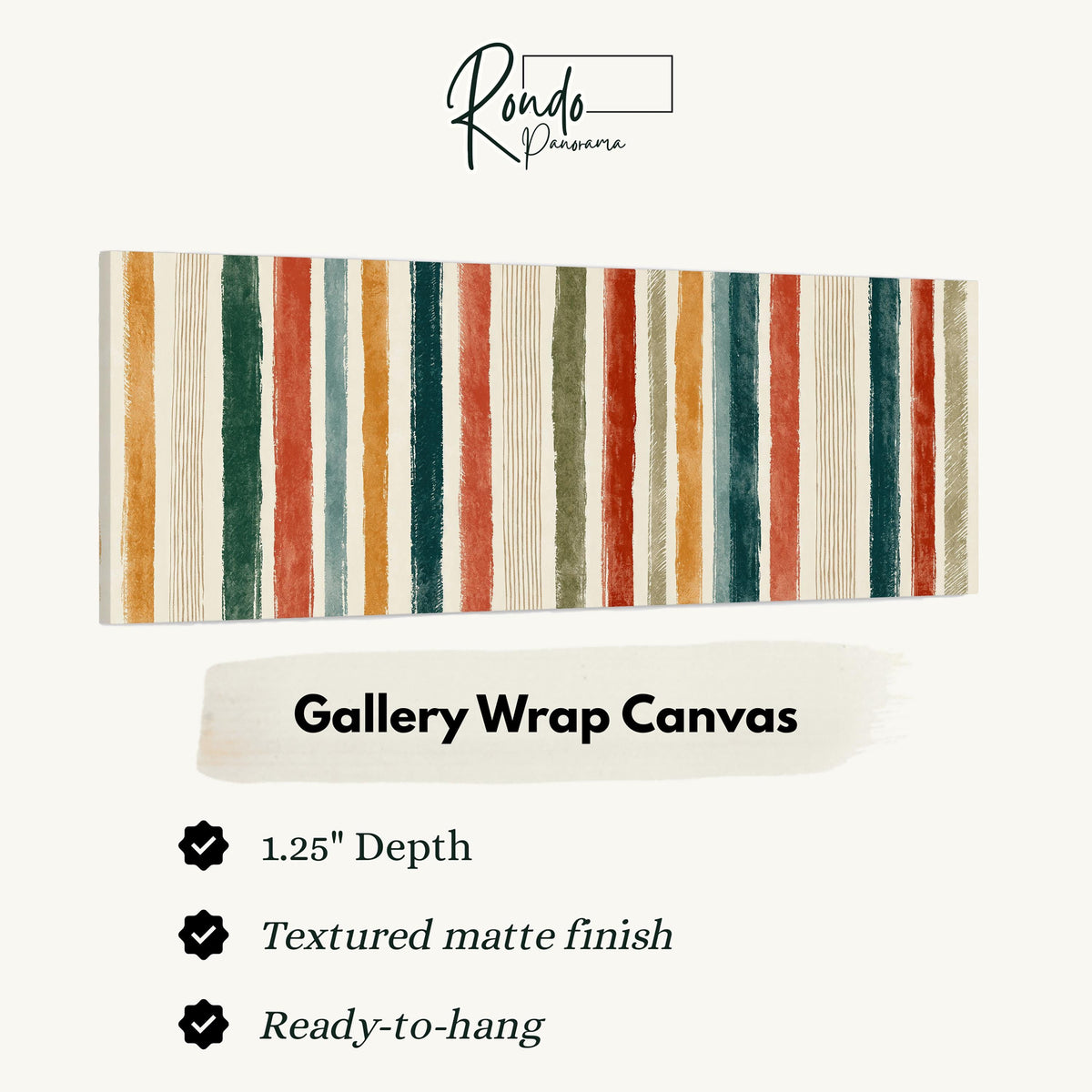 Boho watercolor stripes in mustard, teal and rust gallery wrap canvas with the image wrapped around the edges