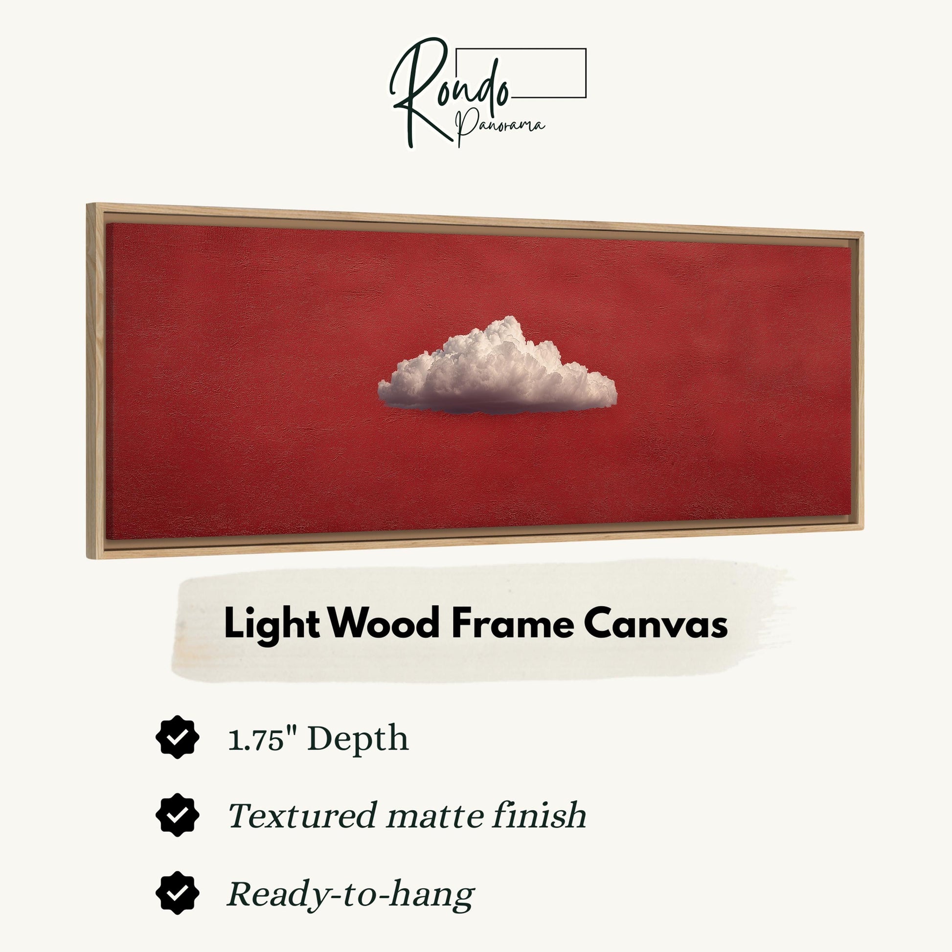 The image is a framed artwork depicting a single white cloud against a red background.