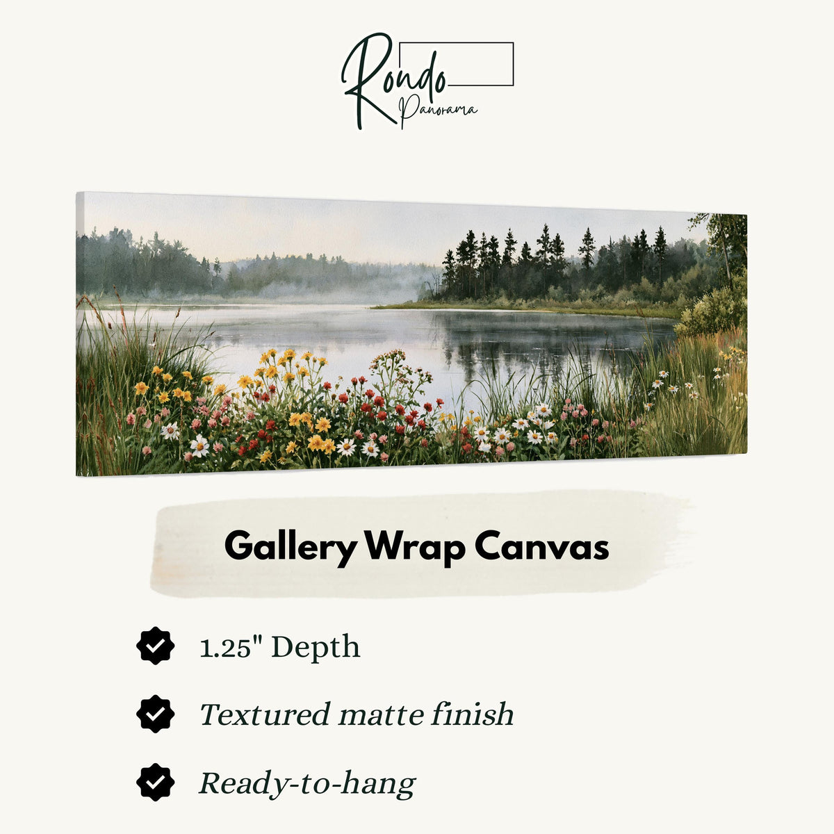 Lake with wildflowers on the shore gallery wrap canvas with the image wrapped around the edges