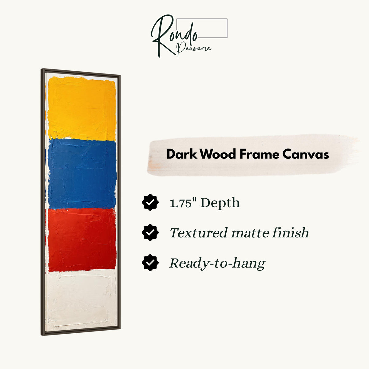Color field blocks in yellow, blue and red canvas print in a dark wood floating frame