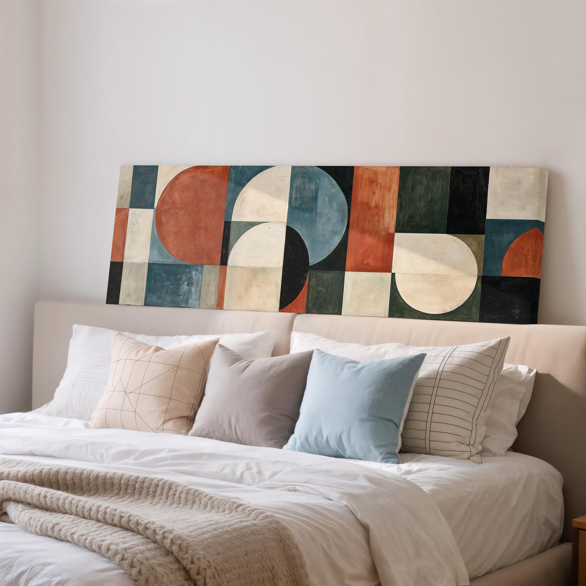 Rust and blue geometric arches and circles wide panoramic canvas print above a bed in a bedroom