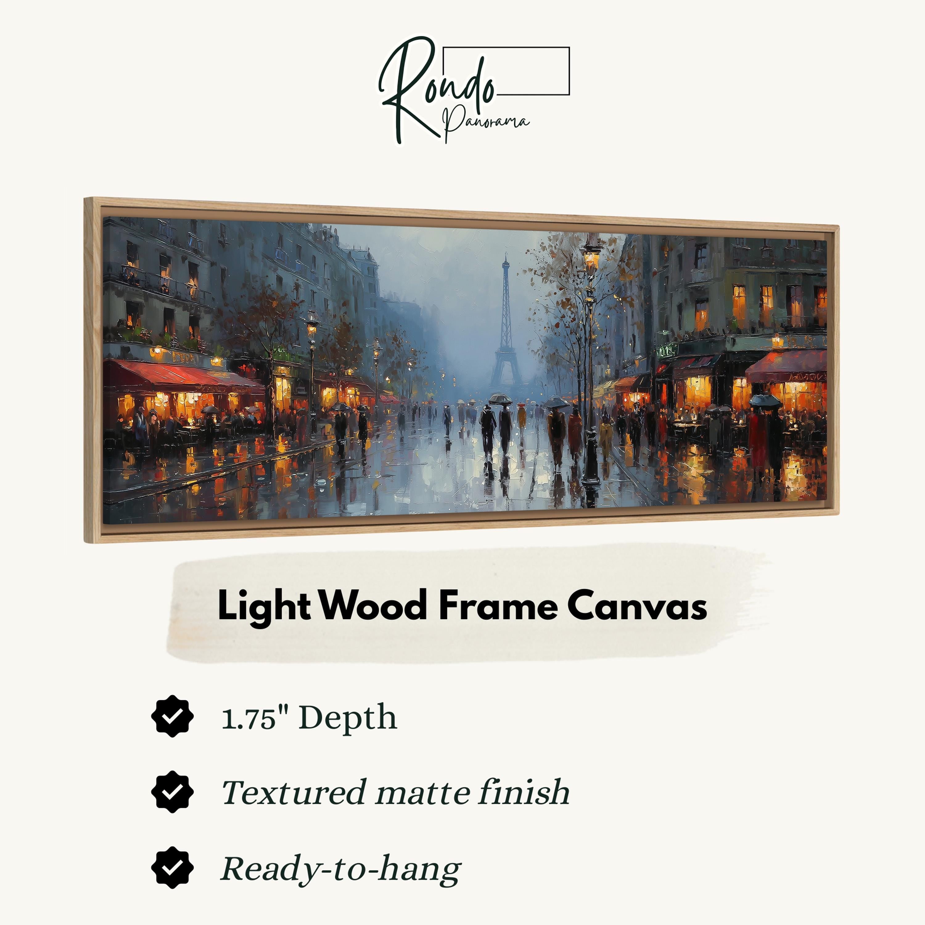 The image is a framed painting depicting a rainy city street scene with people walking and buildings illuminated by warm lighting.