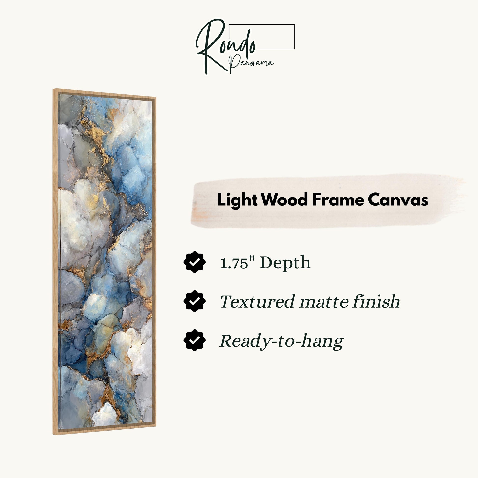 The image is a product description for a light wood frame canvas. It features a painting of blue and white clouds, with a description of the product's features and dimensions.