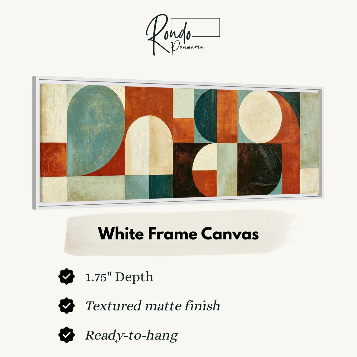Teal and rust arch and circle shapes canvas print in a white floating frame