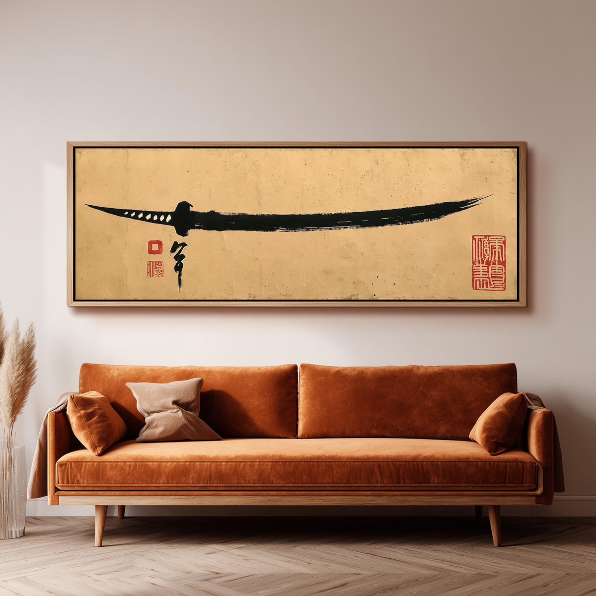 Ink brush katana wide panoramic canvas print above a bench in a dark living room
