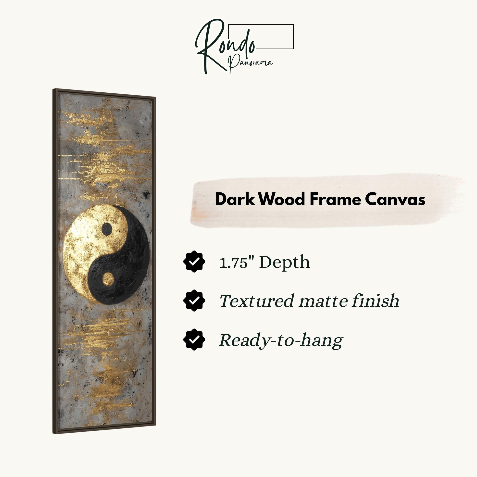 The image is a product description for a dark wood frame canvas. It features a yin and yang symbol, a popular symbol of balance and harmony, and provides details about the product's features, such as the 1.75" depth, textured matte finish, and ready-to-hang nature.