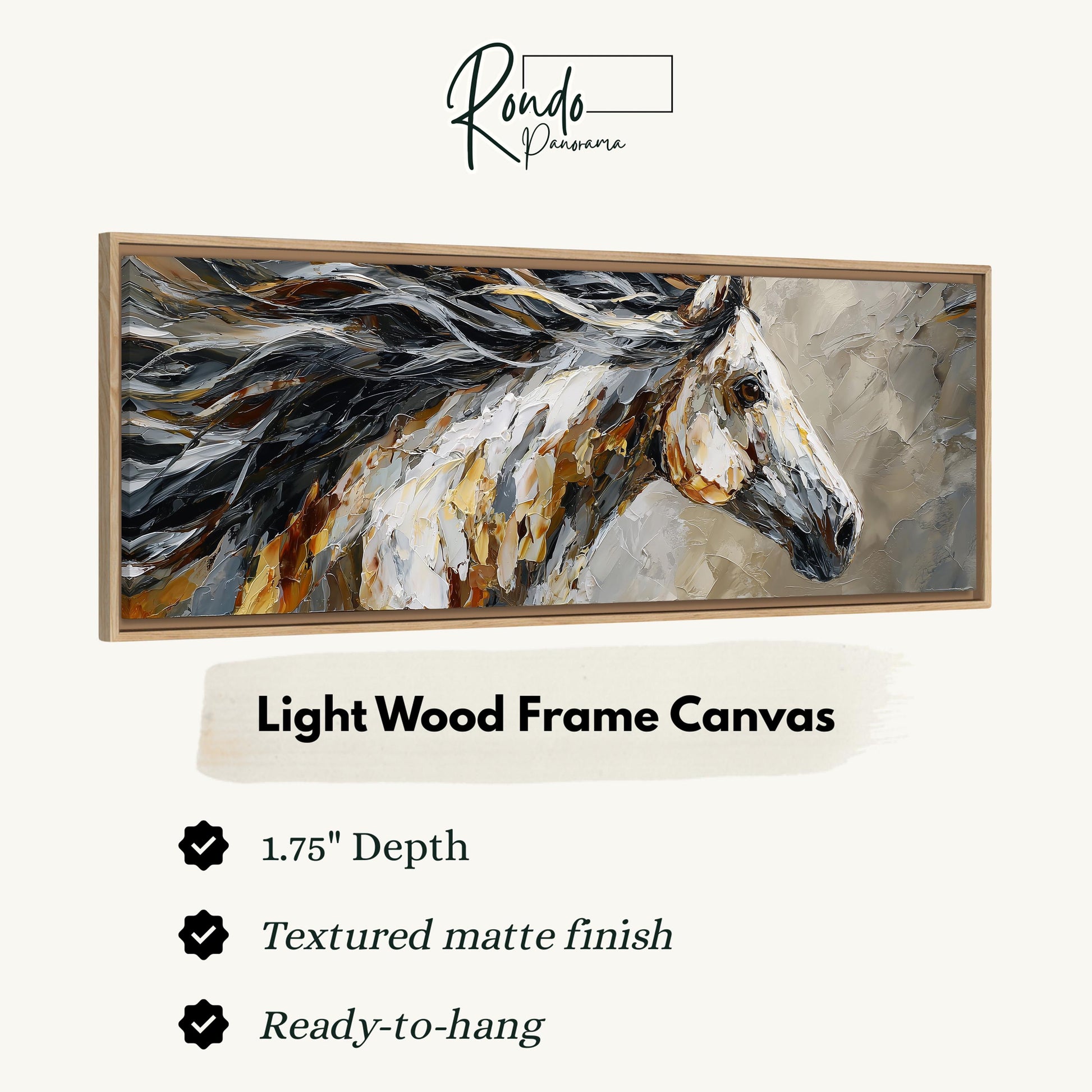 The image is a framed artwork depicting a horse in motion, with a light wood frame.