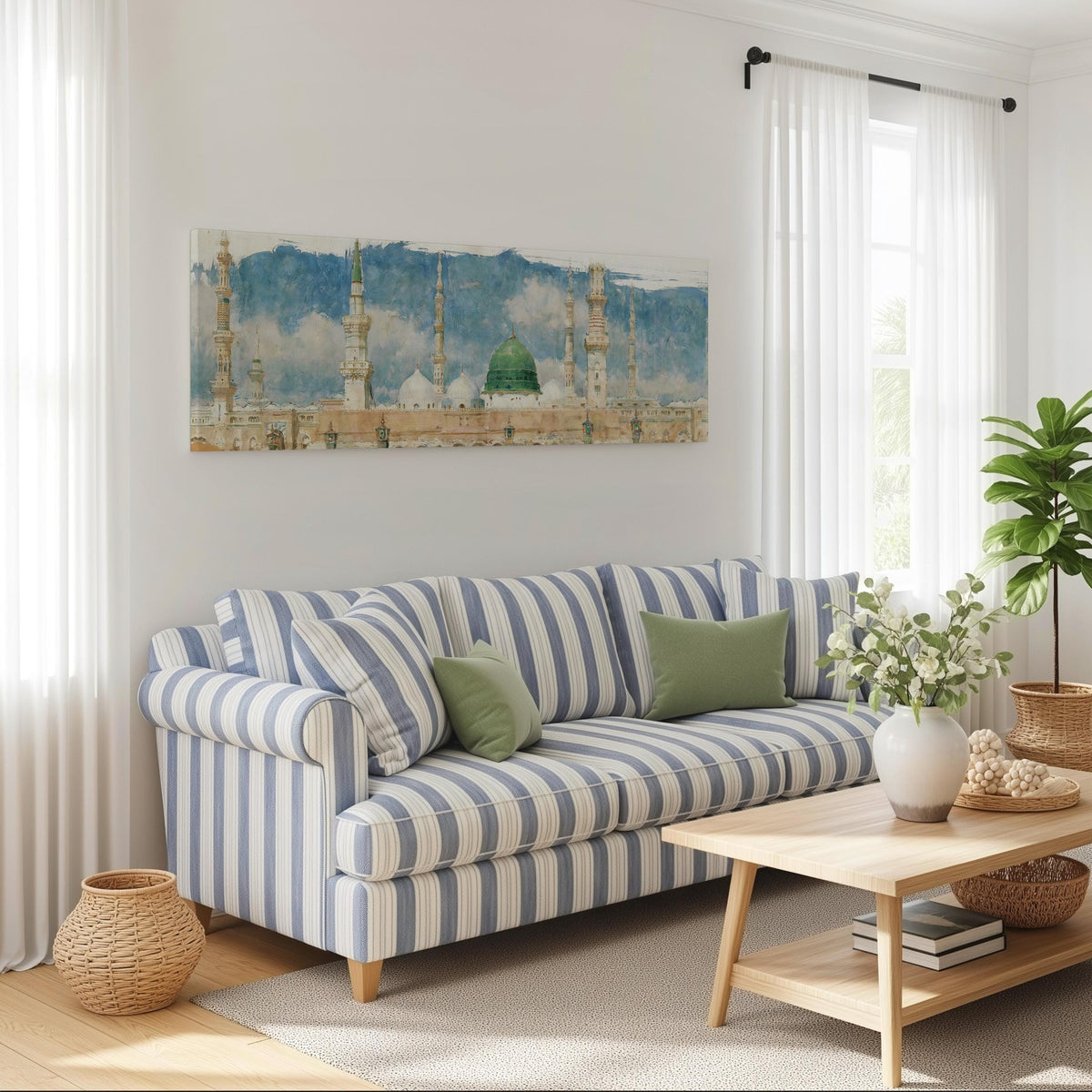 The green dome of the Prophet's Mosque in Medina long horizontal canvas print above a striped sofa in a coastal living room