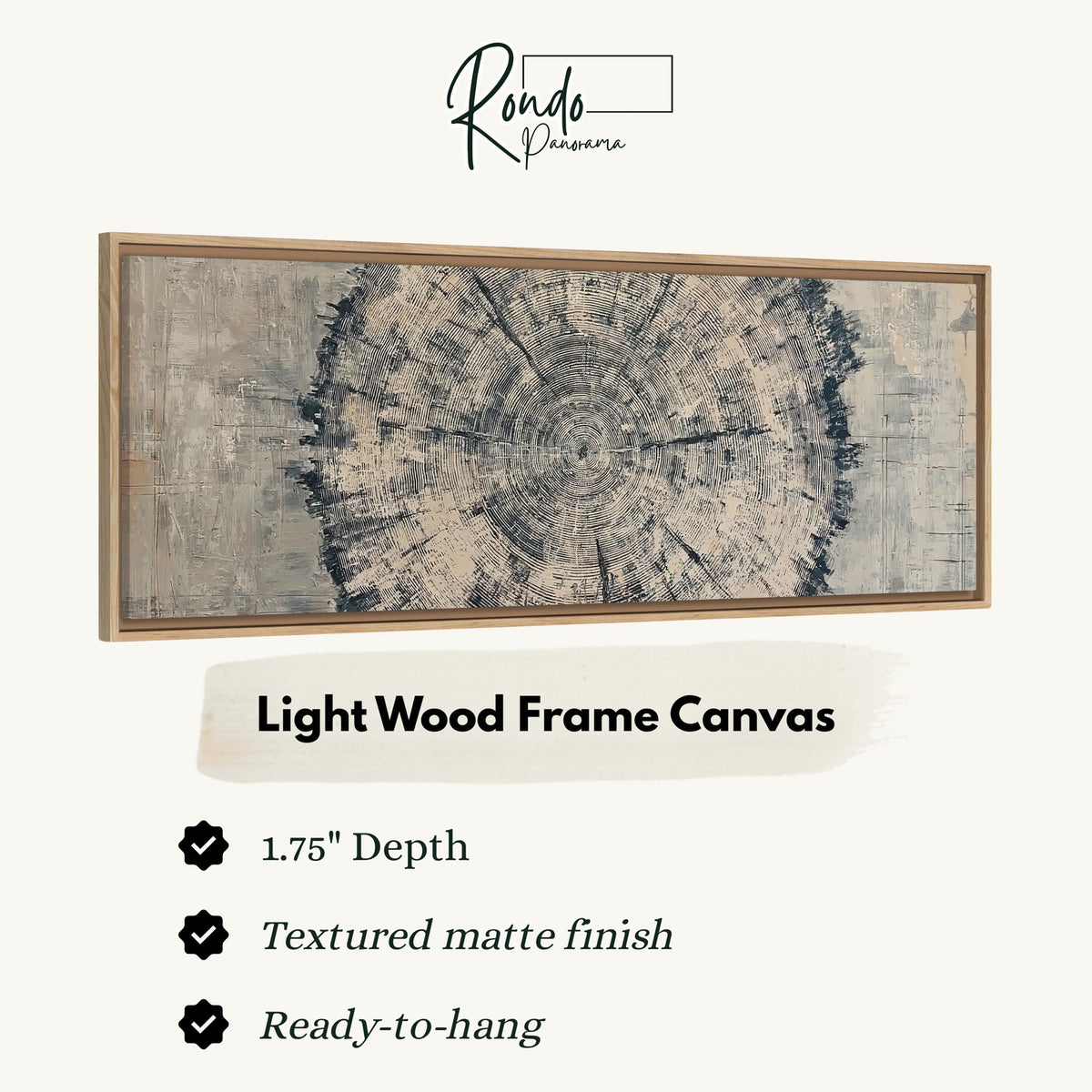 Navy ink tree ring canvas print in a light wood floating frame