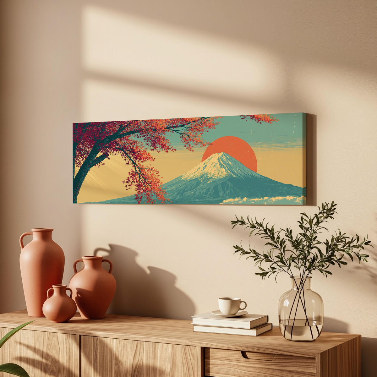 Autumn maple branch and Mount Fuji at sunset long horizontal canvas print above a wooden sideboard