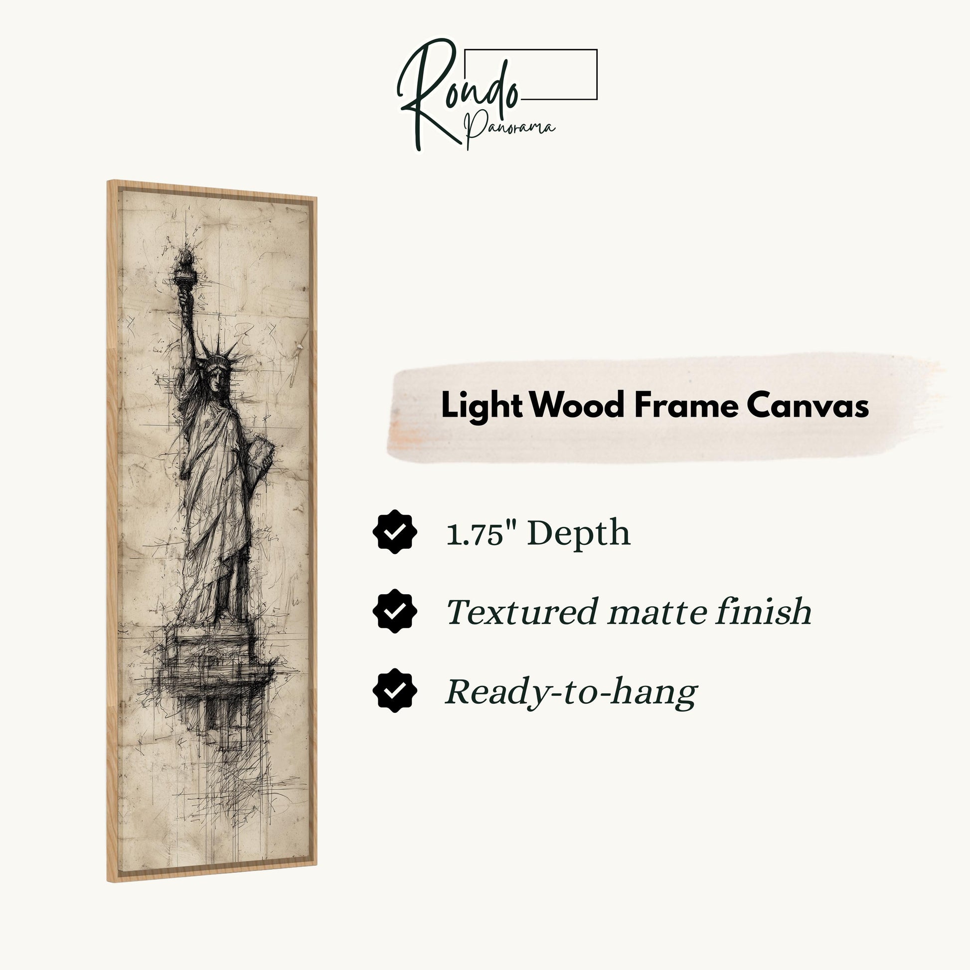 The image is a light wood frame canvas depicting the Statue of Liberty.