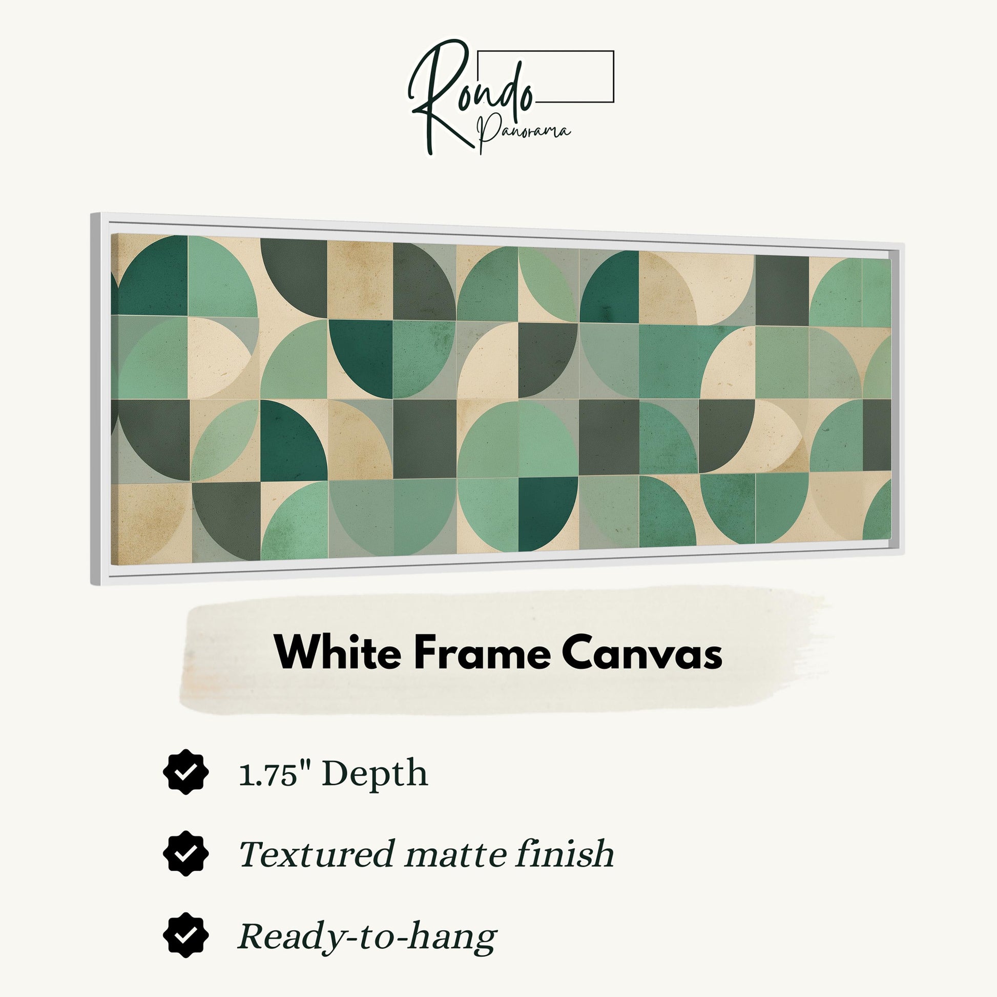 The image is a white frame canvas with a geometric pattern of overlapping circles and ovals in various shades of green and beige.