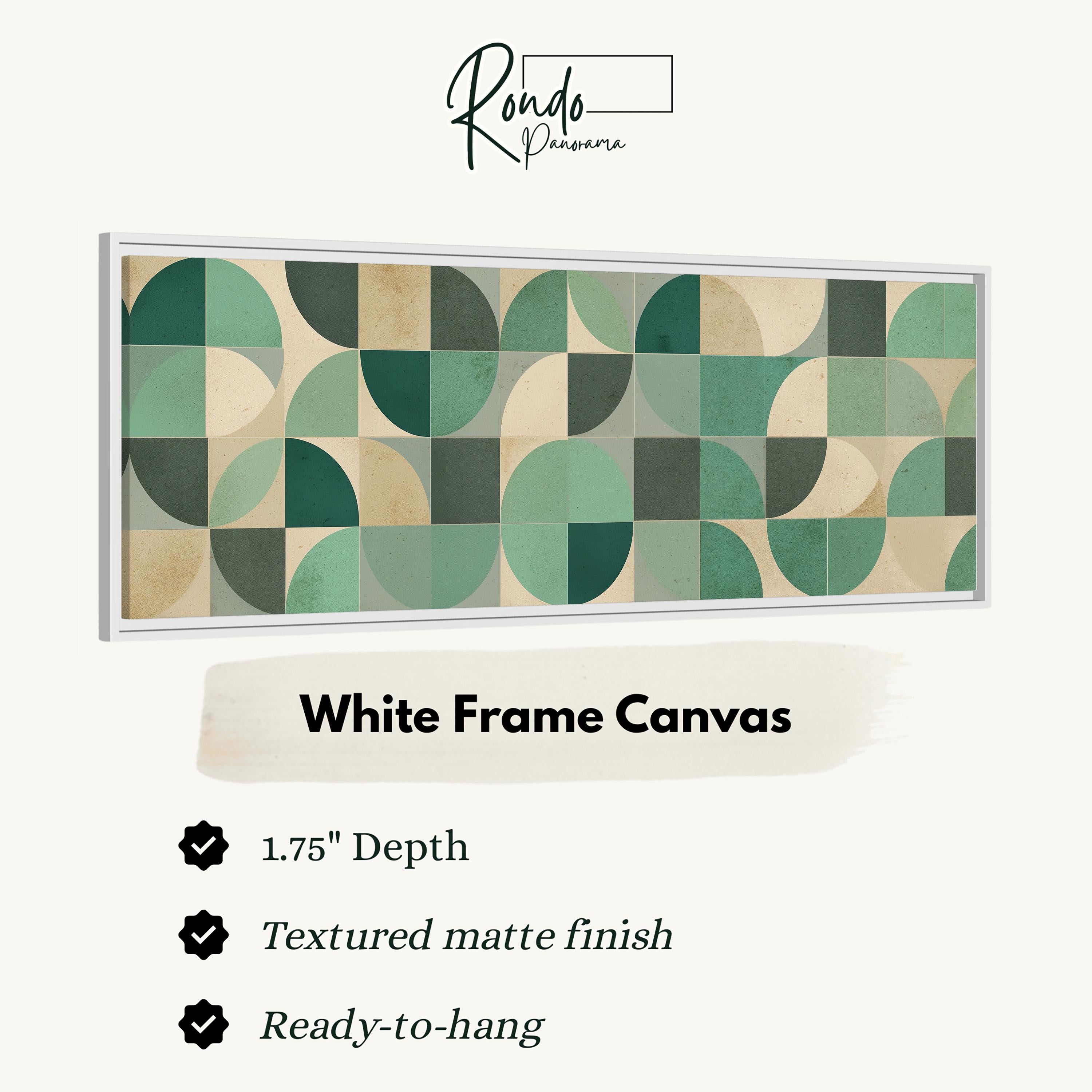 The image is a white frame canvas with a geometric pattern of overlapping circles and ovals in various shades of green and beige.