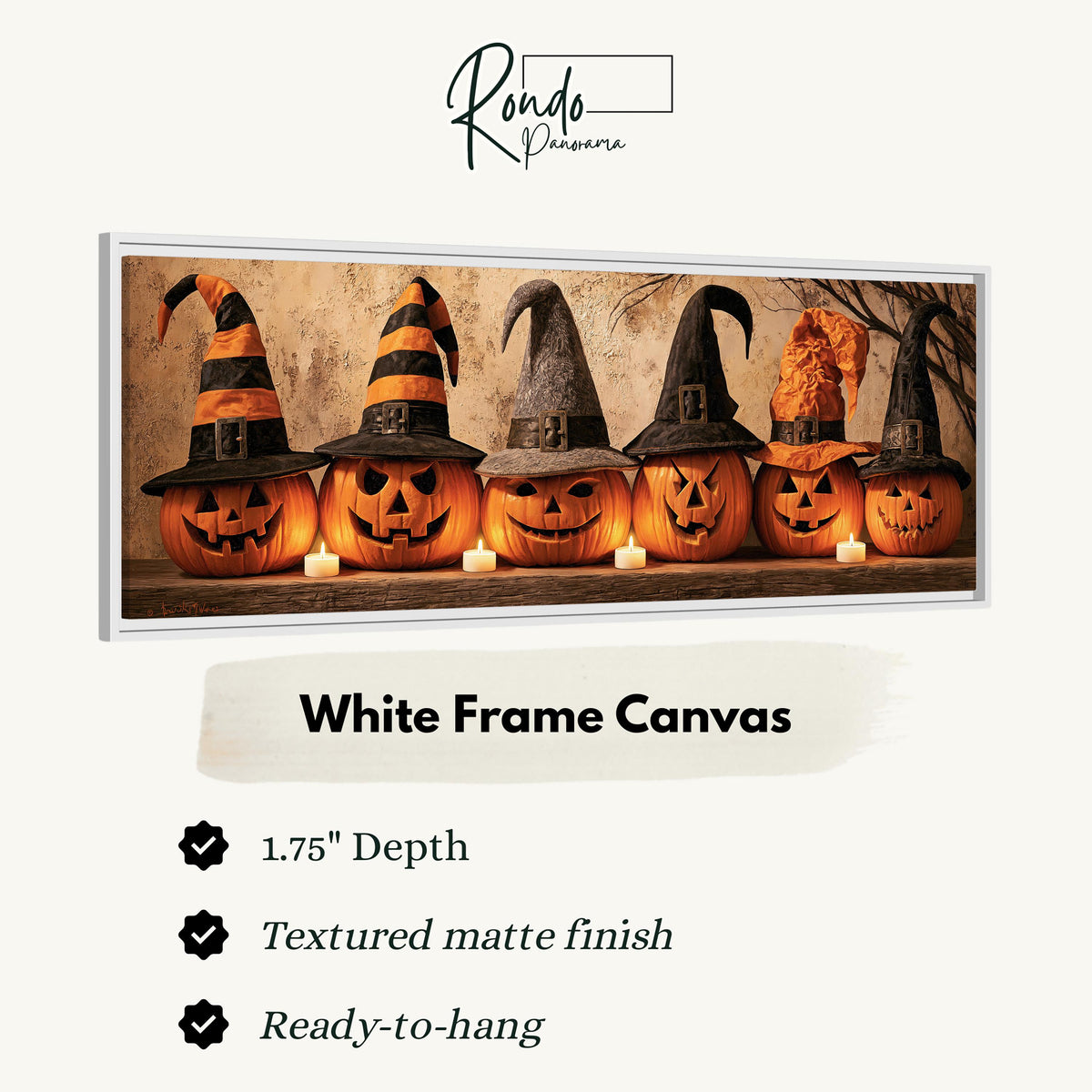 Jack-o'-lanterns wearing witch hats by candlelight canvas print in a white floating frame