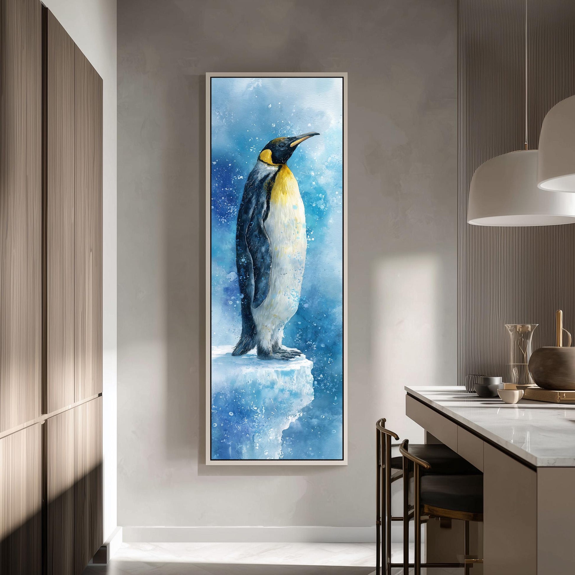 a large framed painting of a penguin standing on a snowy surface, with a blue sky and water background.