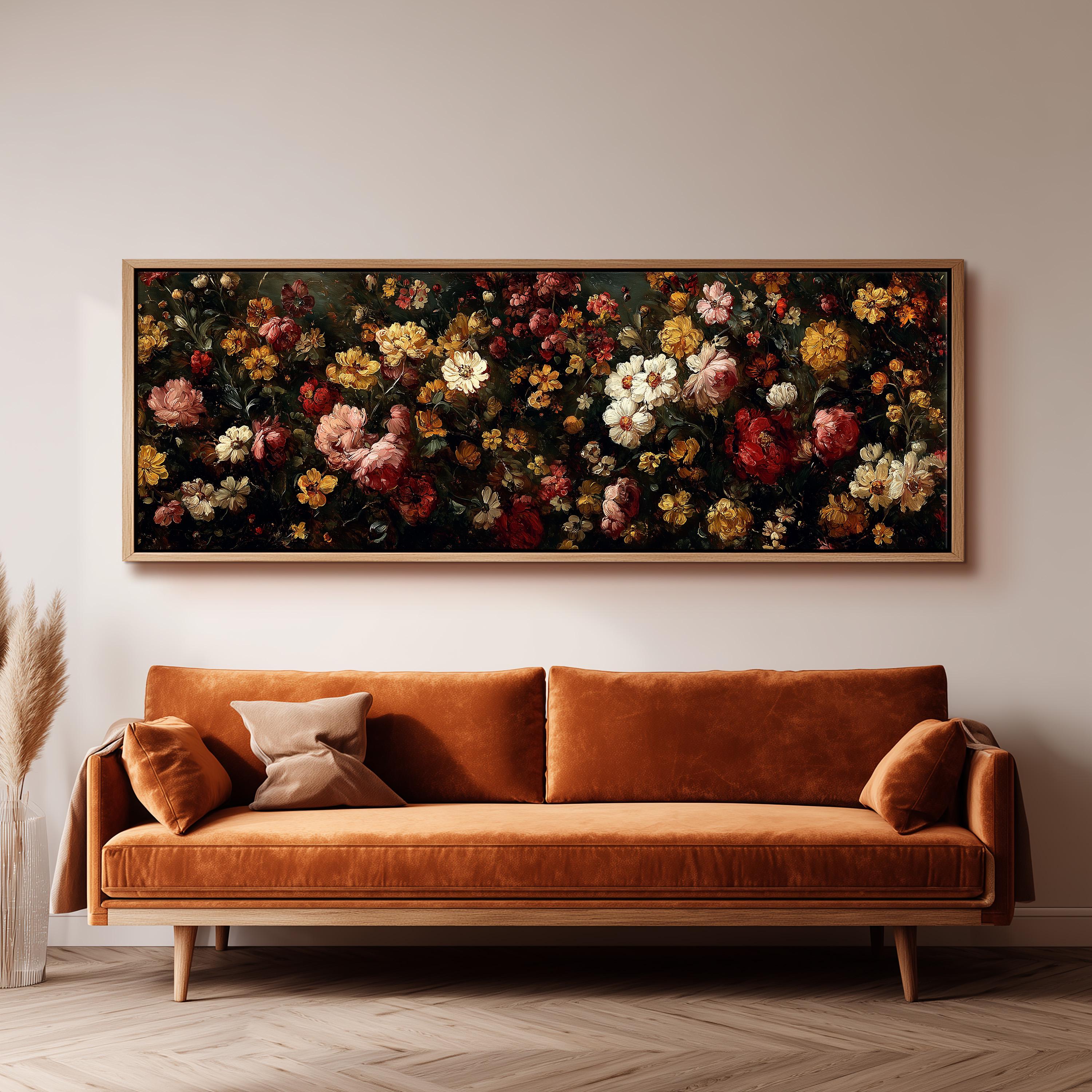 a large, ornate painting of a flower arrangement hanging on a wall above a brown sofa.