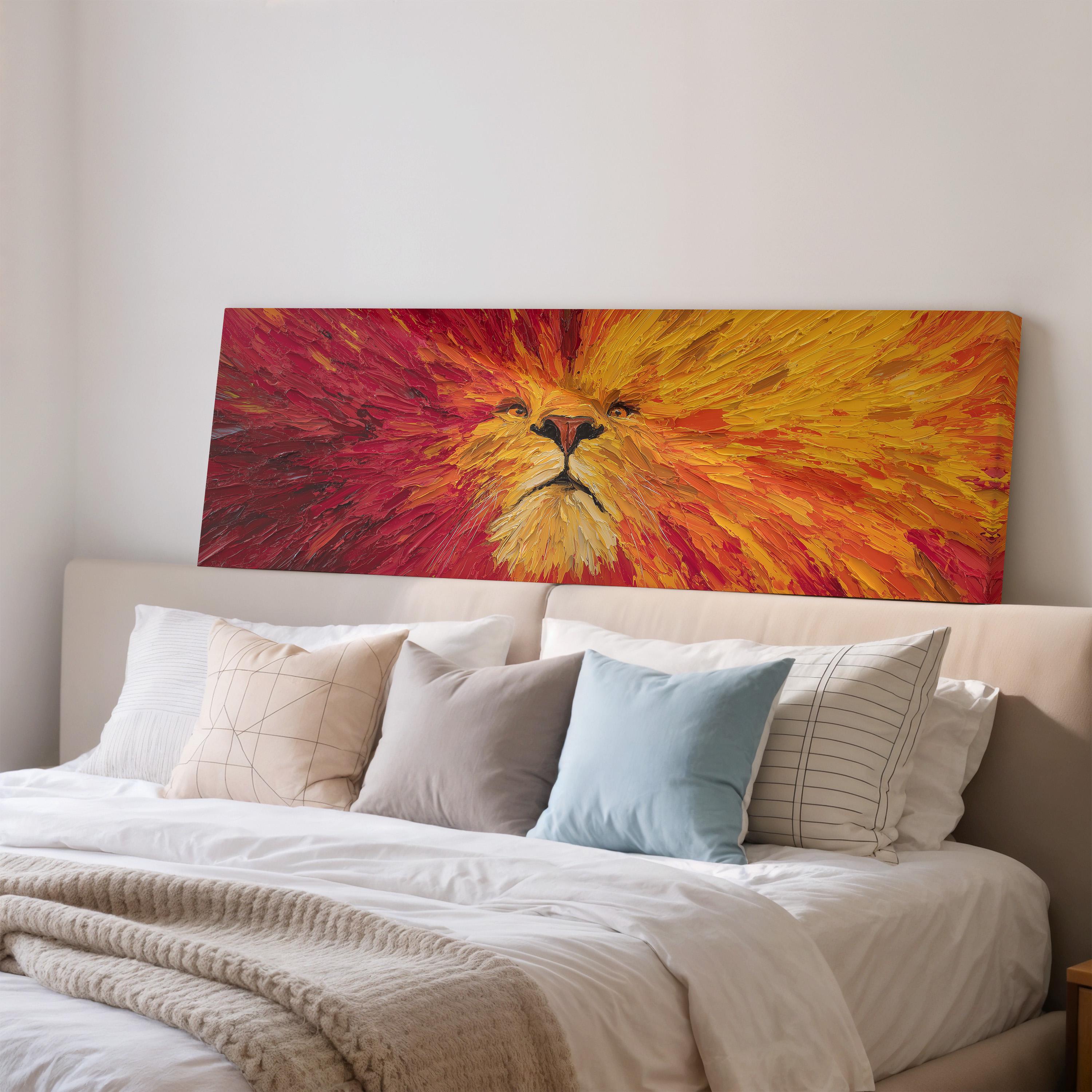 a large, vibrant painting of a lion's face on the wall above a bed with white bedding and pillows.