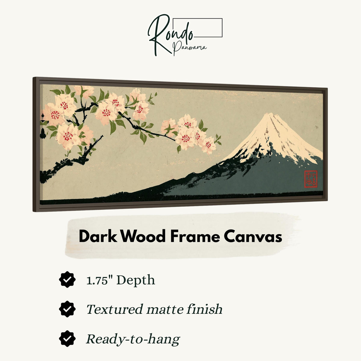 Cherry blossom branch and Mount Fuji canvas print in a dark wood floating frame