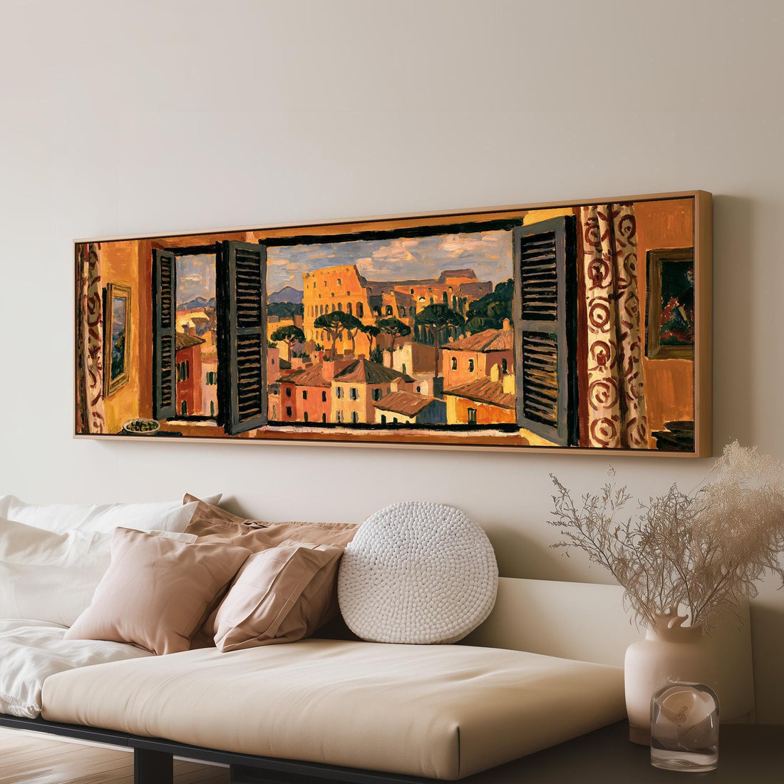 Rome and the Colosseum through a window long horizontal canvas print above a sofa in a living room